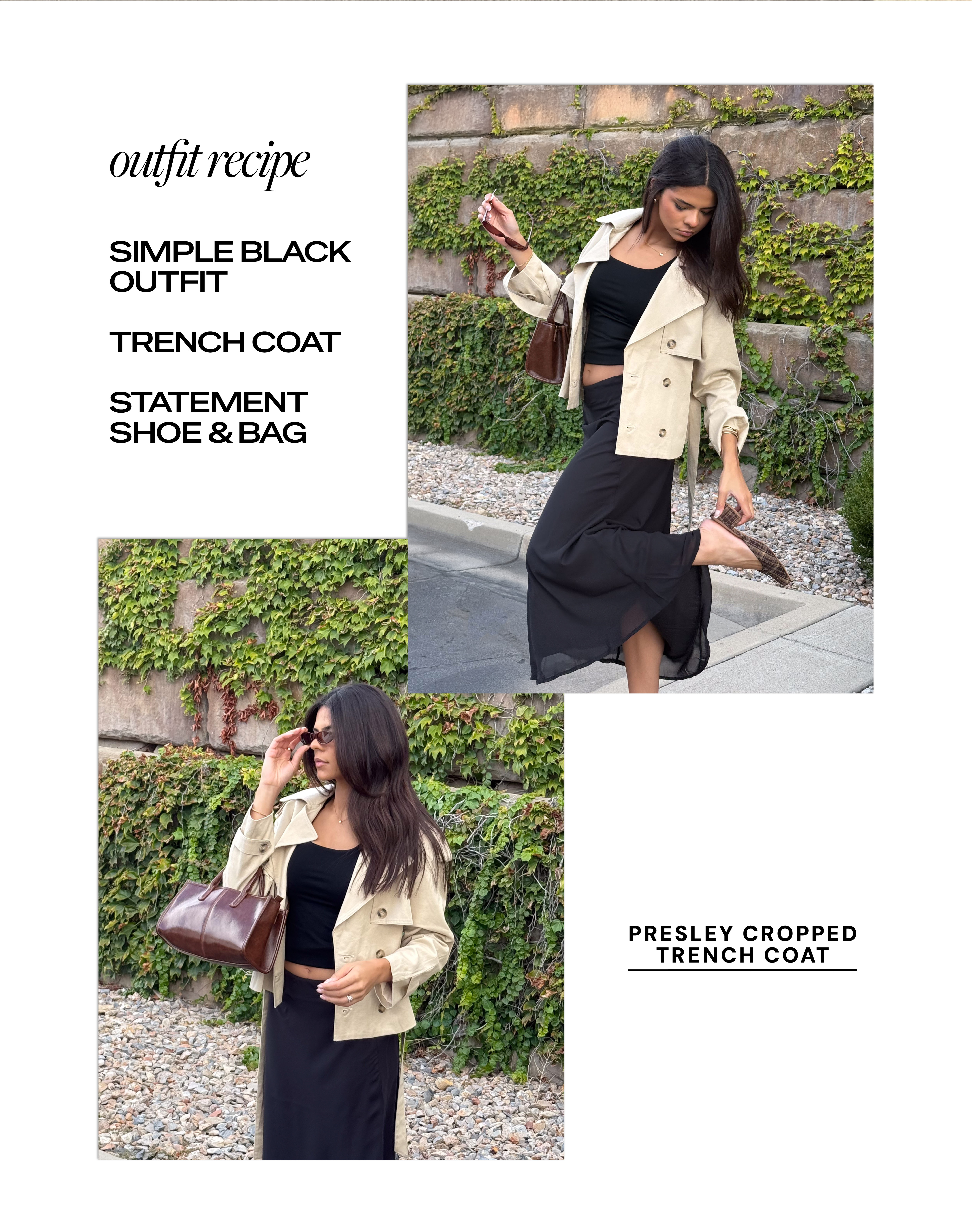 outfit recipe: simple black outfit, trench coat, statement shoe & bag