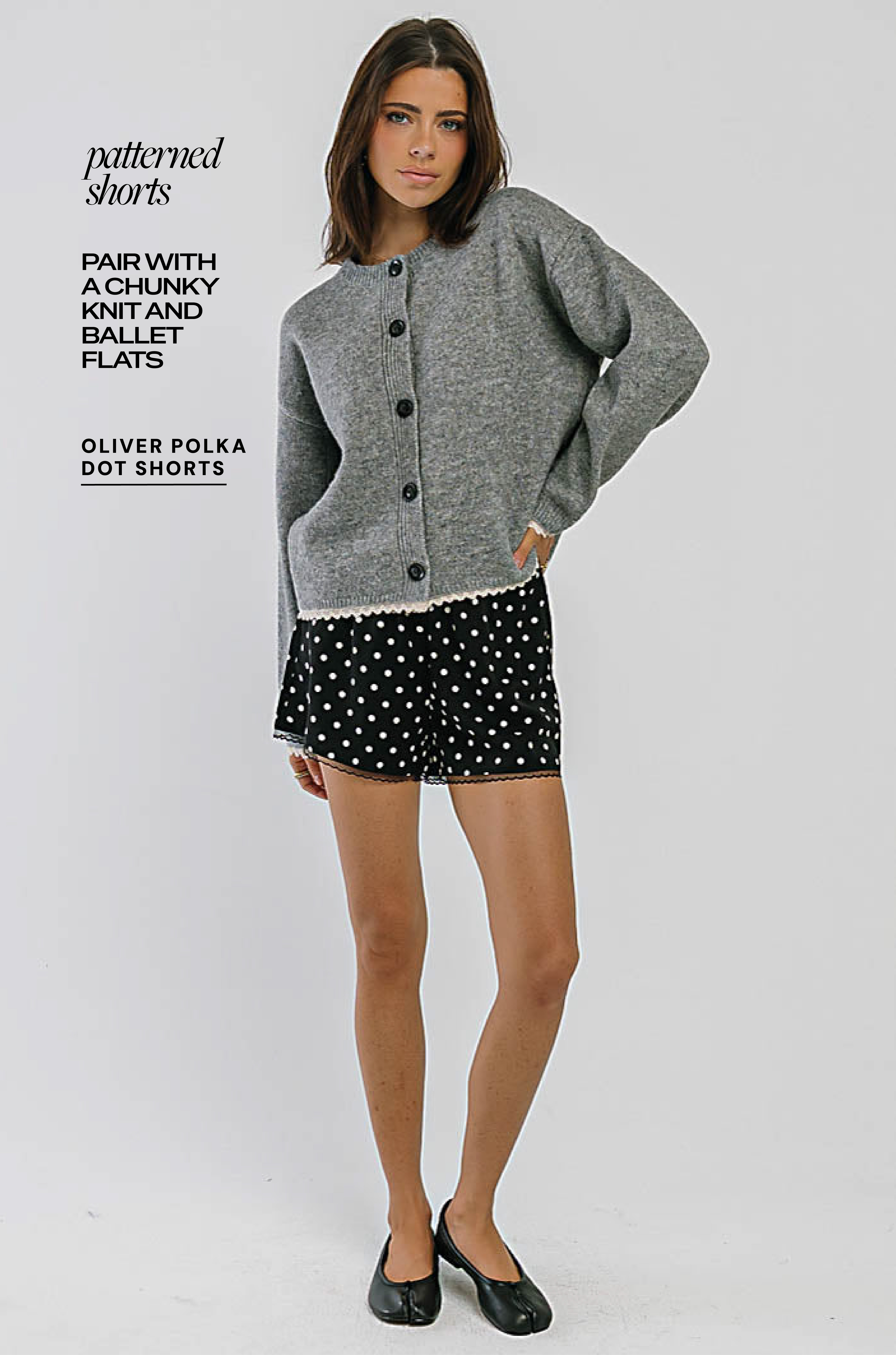 patterned shorts pair with a chunky knit and ballet flats oliver polka dot shorts