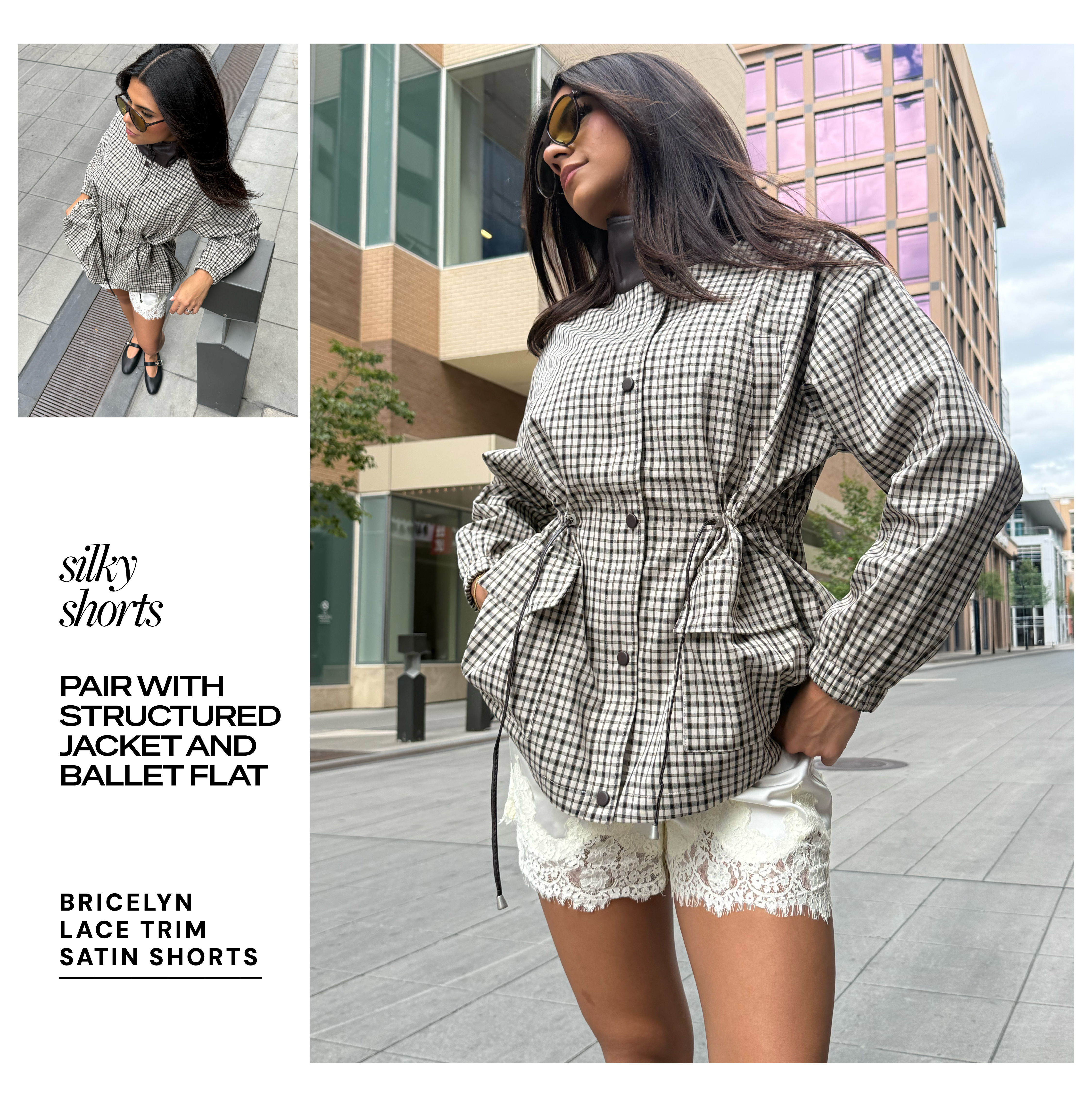 silky shorts pair with structured jacket and ballet flat bricelyn lace trim satin shorts