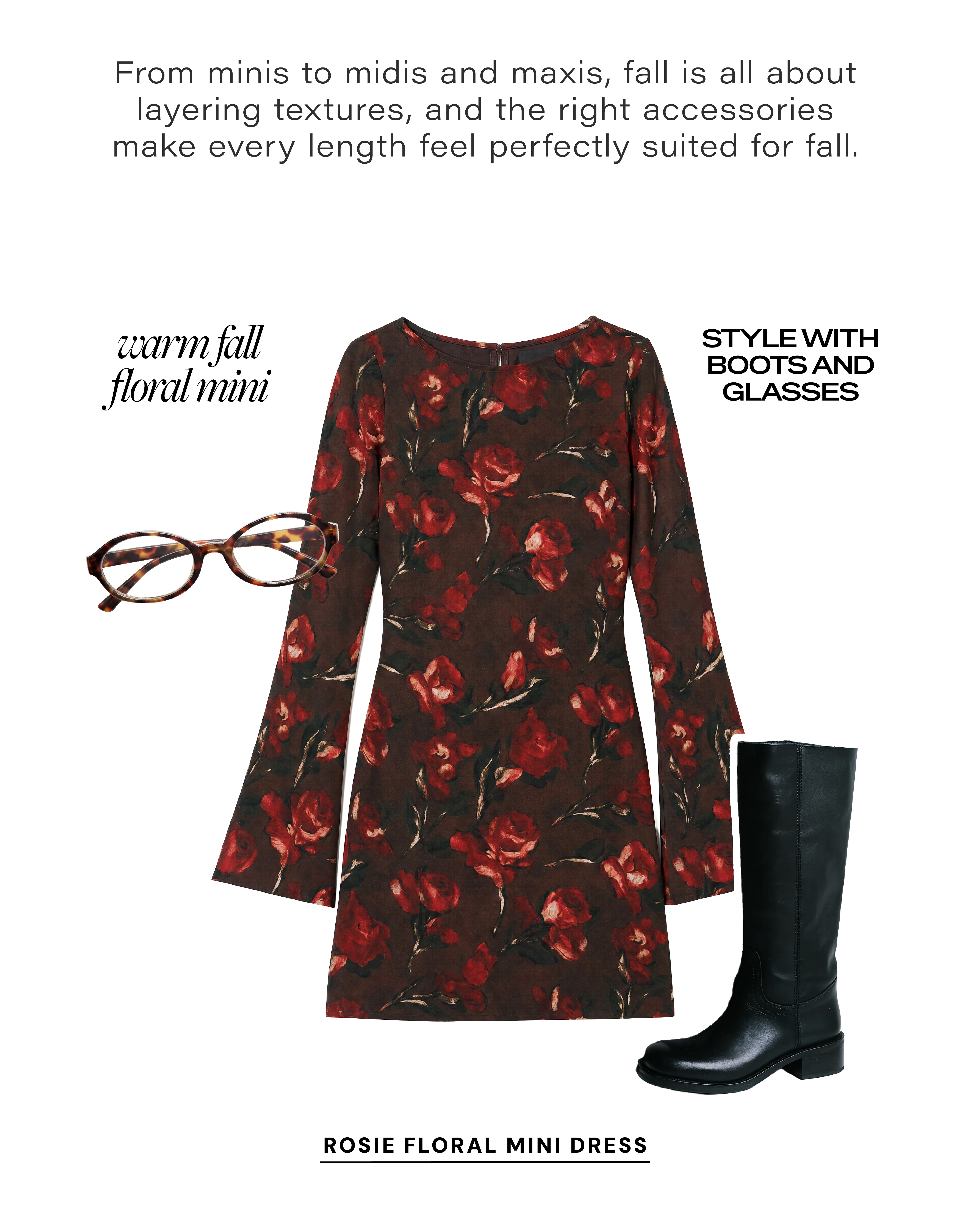 style with boots and glasses rosie floral mini dress