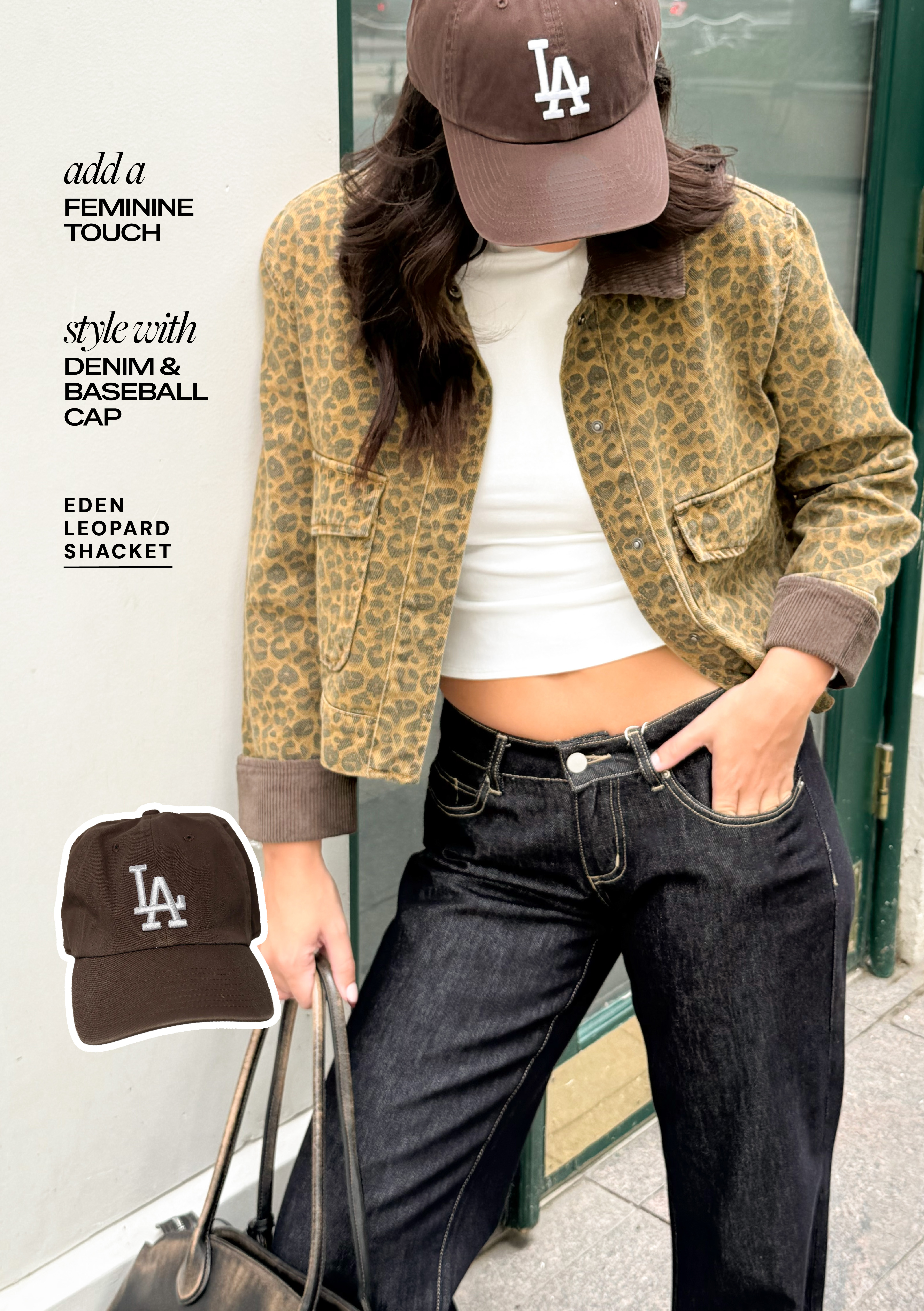 add a feminine touch style with denim & baseball cap eden leopard shacket