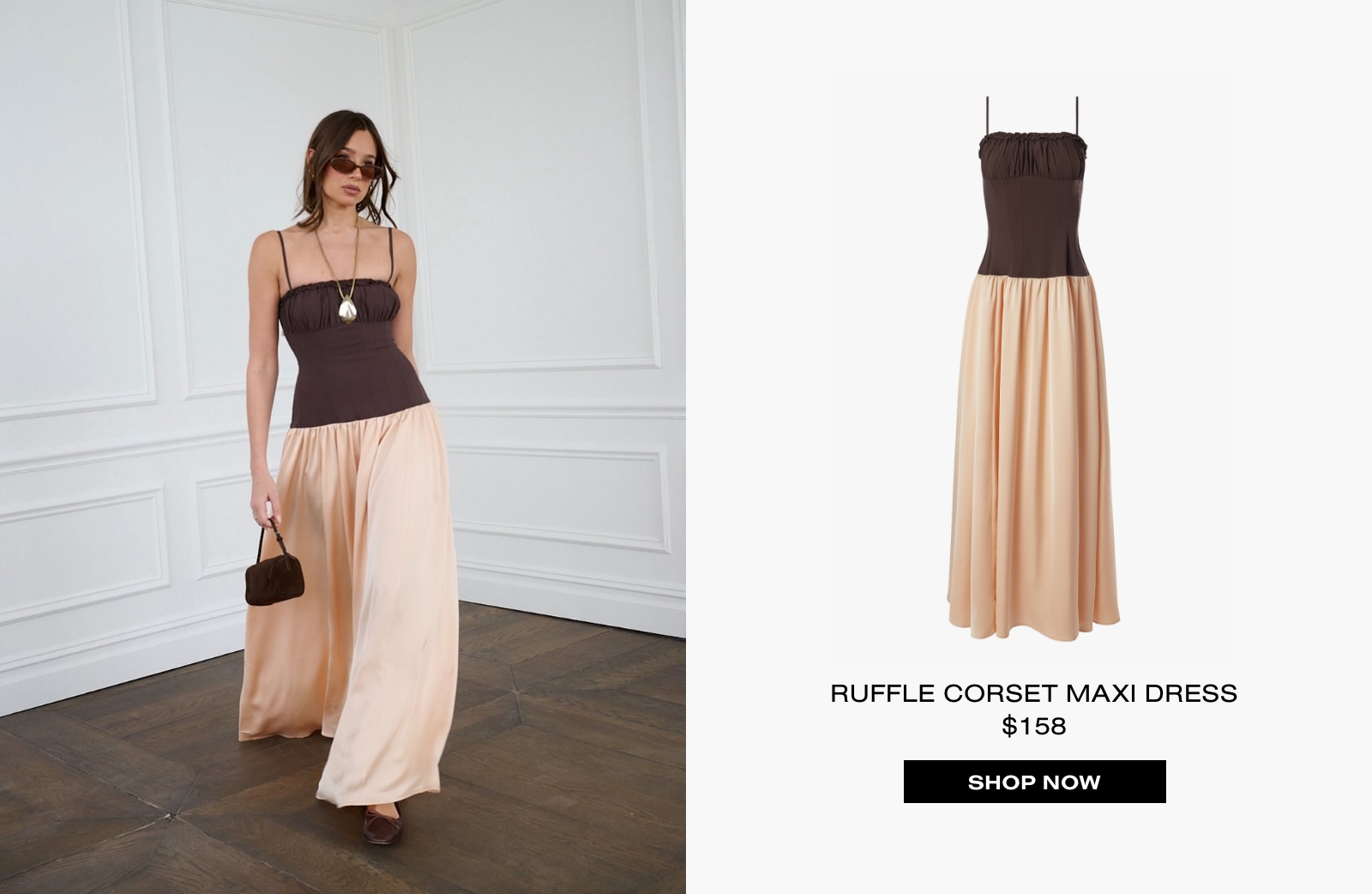 WeWoreWhat Spring 2025 Chestnut/Blush Ruffle Corset Maxi Dress WeWoreWhat Spring 2025 Chestnut/Blush Ruffle Corset Maxi Dress