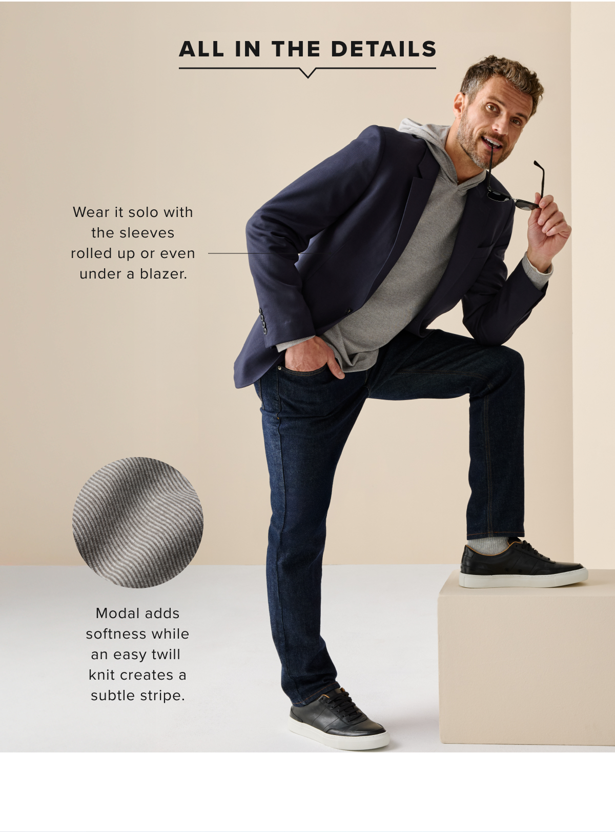 Features a trendy easy twill knit for a subtle stripe. Versatile and can be worn solo or under a blazer to dress it up.