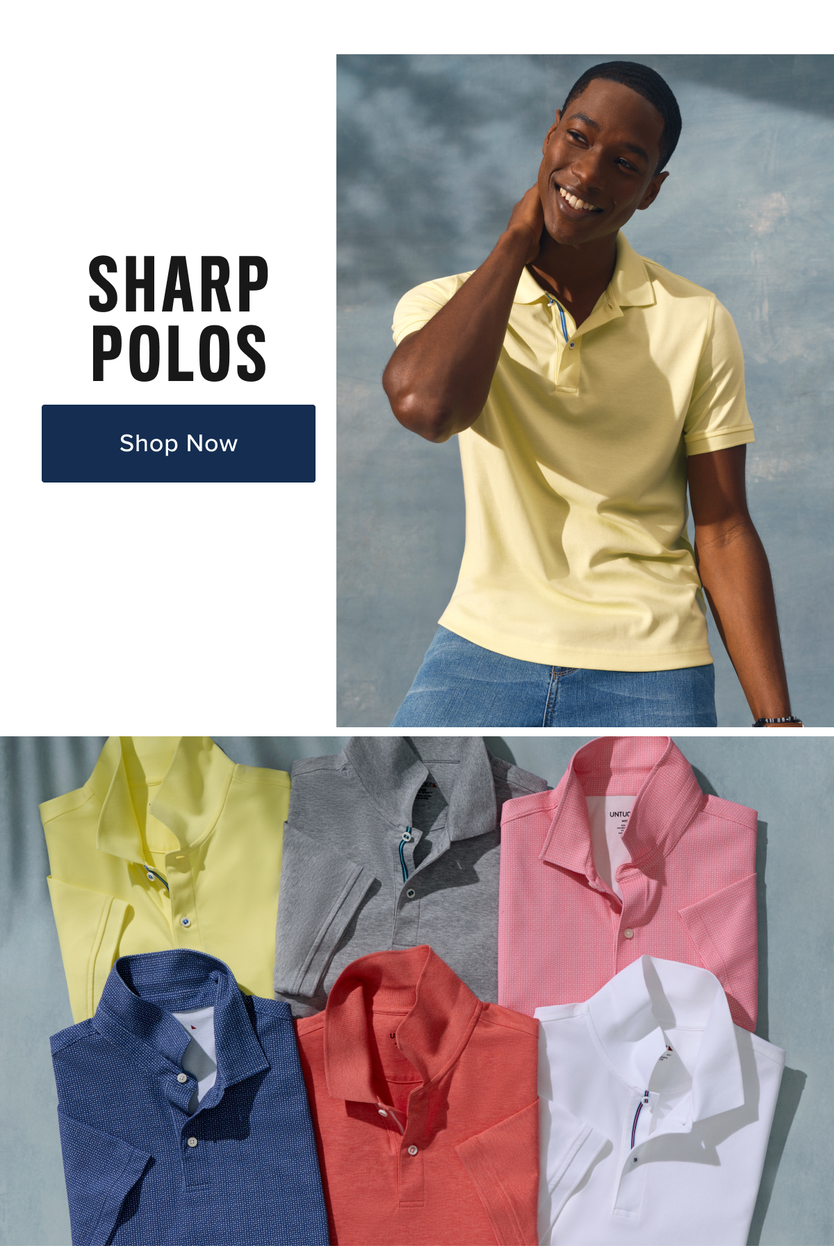 Model is wearing UNTUCKit yellow polo. 