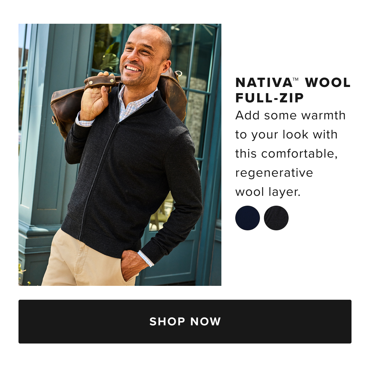 Add some extra warmth and style to your fall look with this sharp full-zip sweater. It’s made from 100% NATIVA™ wool, sourced mindfully to help improve soil quality, protect animals, and safeguard the livelihoods of farmers and their communities. It’s incredibly cozy, allowing you to block a brisk autumn breeze without overheating. The easy zip-front lets you adjust your temperature so you always stay just warm enough. Layer it over your favorite untucked button-downs with our go-anywhere Traveler Tech Pants for a polished yet relaxed look this season.
