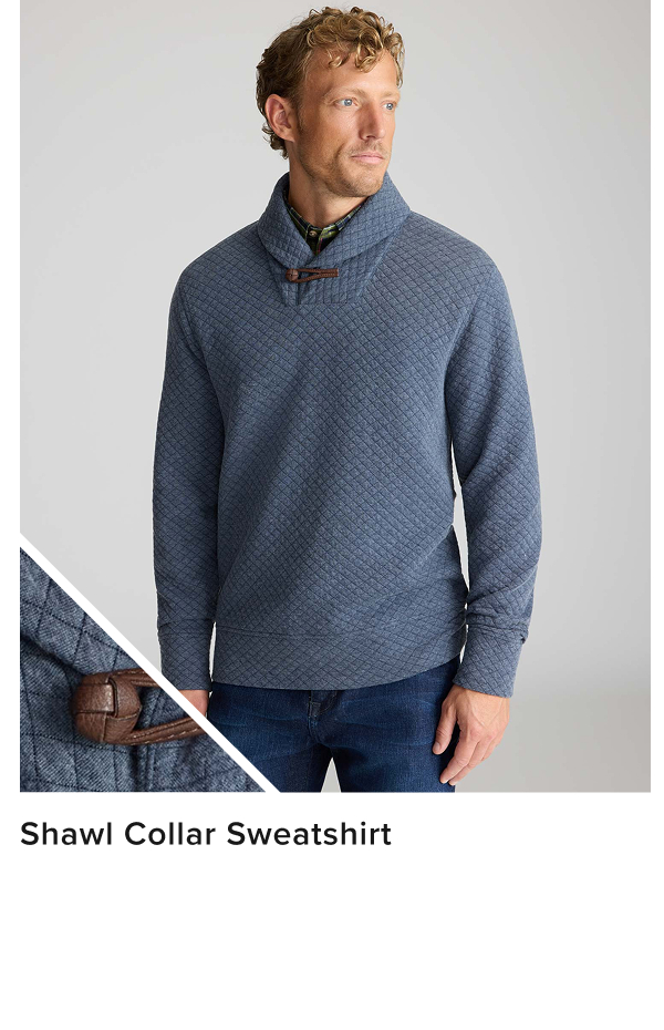 Model is wearing UNTUCKit Shawl Collar Sweatshirt. 