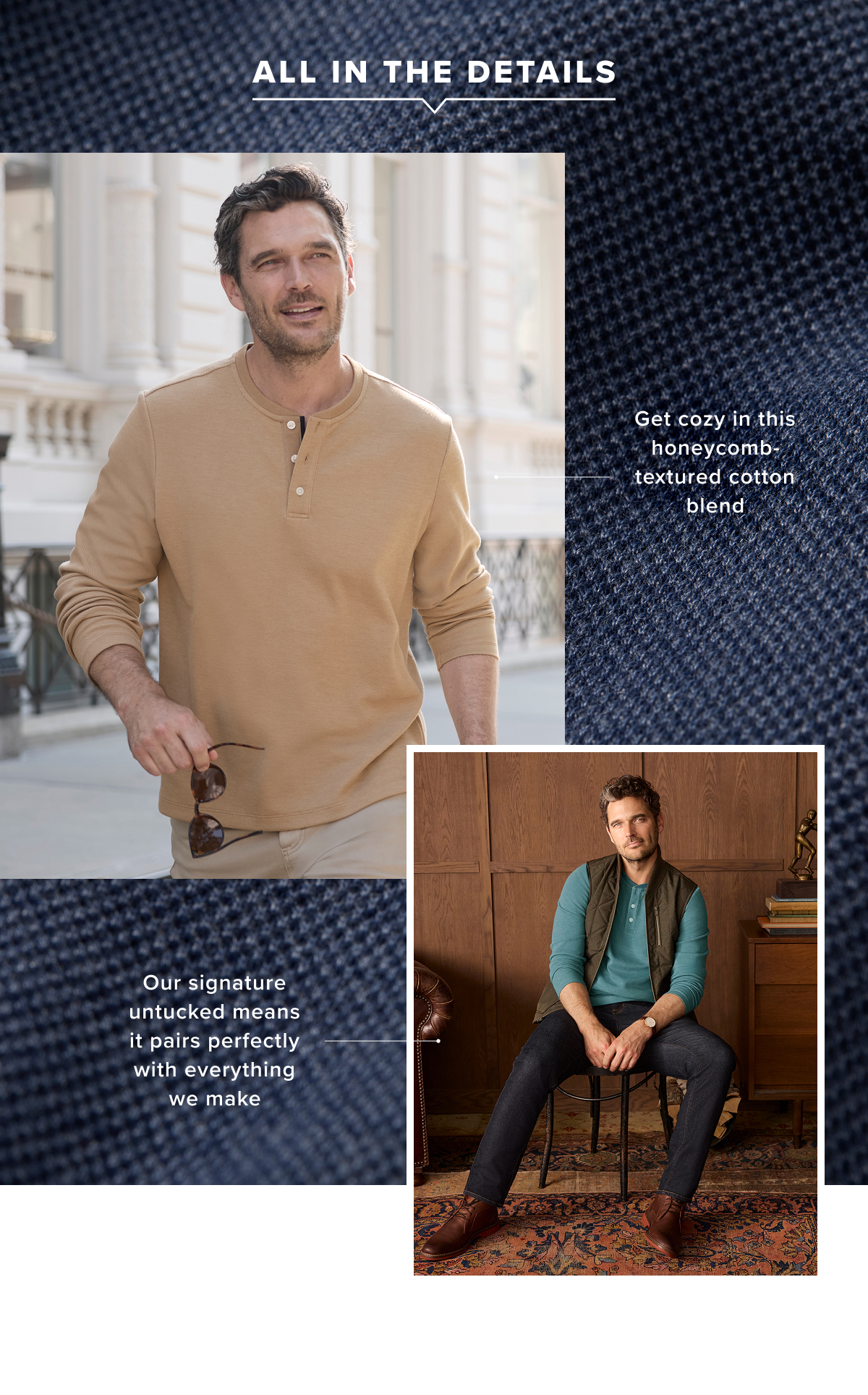 Model is wearing UNTUCKit petrelson in various colors. 