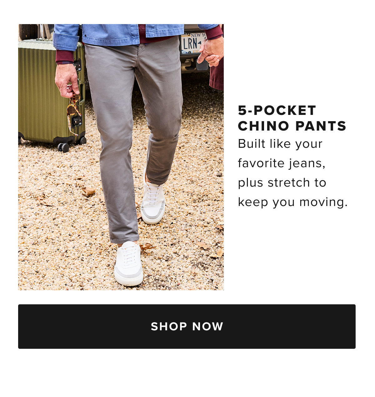 We combined the soft twill fabric of our Classic Chino Pants with the construction of your favorite jeans to create our sharp yet casual 5-Pocket Pants. These garment-dyed styles are made from supersoft cotton with just enough stretch to keep up with your busy life. They pair perfectly with any UNTUCKit shirt and feature an easy fifth pocket for handy storage. This style comes in two fits—slim and straight—and both are ideal for office days and evening happy hours.