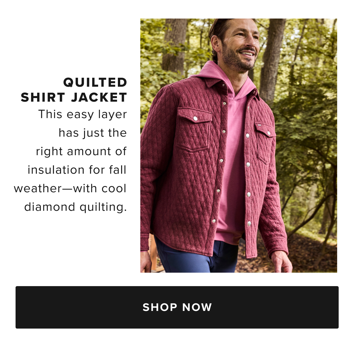 When it's too hot for a jacket but too cold for just a shirt, throw on this easy hybrid style to feel just right. We made it from a comfortable cotton blend fabric with a cool quilted texture and handy snap pockets on the chest. Even better, you’ll always feel comfortable thanks to its cozy nylon lining. Wear it over your favorite untucked shirt on your next outdoor adventure.