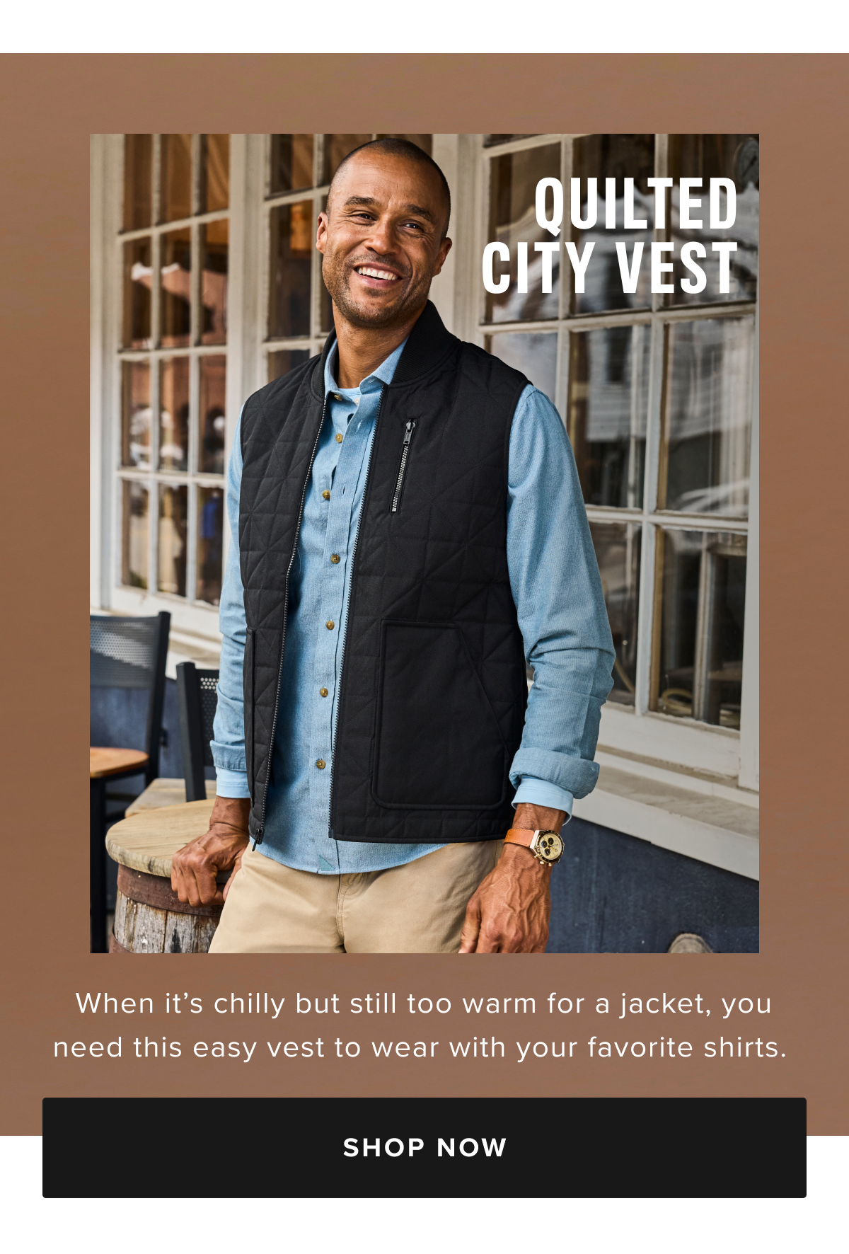 For that in-between time when it’s a bit chilly but still too warm for a jacket, this easy vest is the answer. It goes over your favorite button-down or a classic Henley, and features a comfortable cotton-blend interior to keep you warm enough on spring afternoons. This sleek style has a polished look, convenient pouch pockets, and an easy zipper. It’s the perfect style that adds an extra bit of warmth to any look while still showing off your favorite untucked shirt underneath.