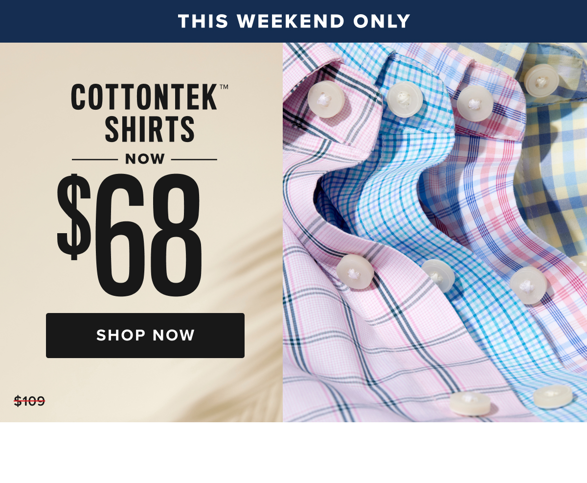 Finally, a shirt that combines the crisp feel of Wrinkle-Free cotton with the power of Performance. It’s the best of both worlds—breathable, stretchy, and sweat-wicking, all while keeping that polished look you love. Even better? It’s machine washable, so you can skip the dry cleaner. We designed this classic windowpane pattern to easily pair with a sharp Italian sport coat or stand out on its own. And to top it off, we infused it with BRRR° micro-mineral cooling technology to keep you comfortable all day long.  This Weekend Only CottonTek Shirts now $68