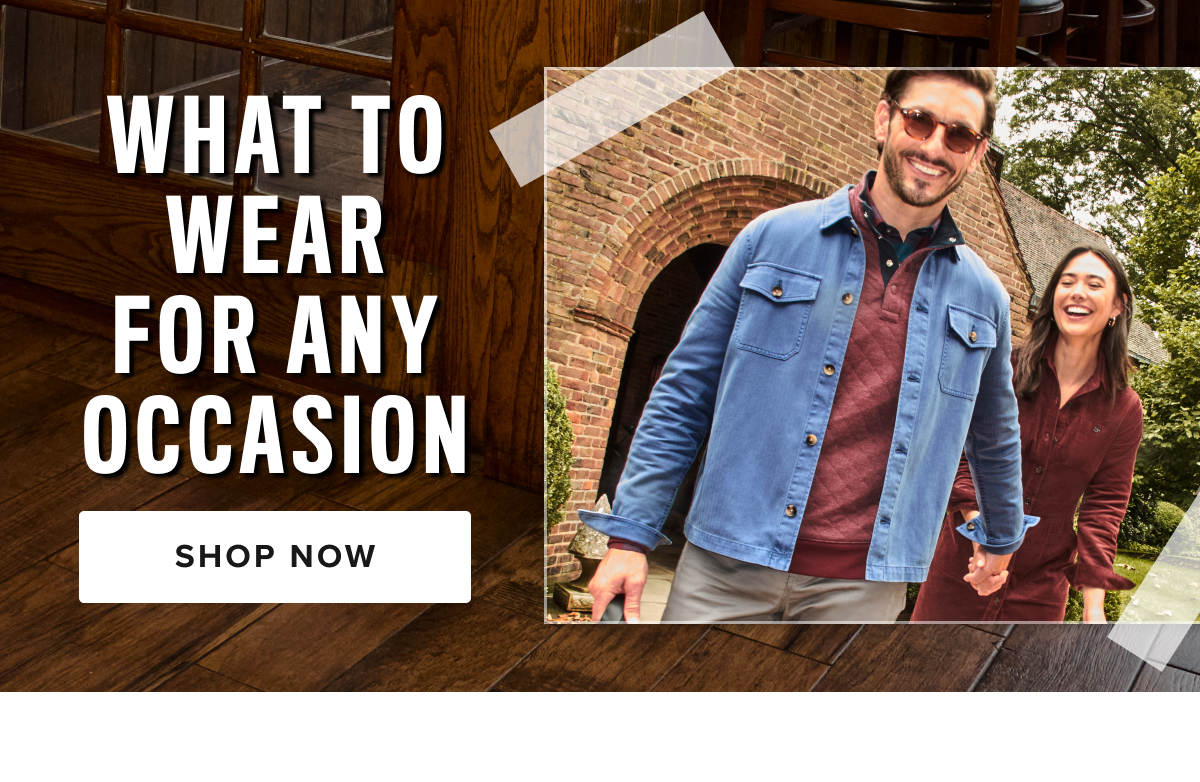 Our occasion collection is designed to elevate your look for every special moment. Whether you're dressing up for big events, heading for a night out, gearing up for a weekend getaway, or dressing for success in the office, we’ve got the perfect styles for you. For Big Events: Discover the best men's sport coats and blazer jackets to complement your formal look this season. Our selection of dress shirts that can be tucked in and linen shirts for men will keep you stylish and comfortable as you celebrate. On A Night Out: When it’s time to make a statement, choose from our variety of sports jackets for men that offer a sleek and sophisticated look. Pair with one of our stylish untuckit shirts or opt for a polo shirt for men for a more relaxed but polished vibe. Getaway Styles: Whether you're off on a weekend adventure or a tropical retreat, our men's linen shirts and casual dress shirts are perfect for those breezy days. Don’t forget the versatile chino pants for men and khaki pants for a laid-back yet refined look. From men's short-sleeve button-downs to classic long-sleeve untucked shirts for men, our getaway collection will have you ready for anything. For The Office: Make a lasting impression in the workplace with our selection of men's shirts and professional button-up shirts for men. You’ll find the perfect balance of style and comfort. Our sport coats and blazers for men are perfect for adding a touch of class to any office look. Whether you're looking for UNTUCKit shirts, flannel shirts, or mens sportcoats, our occasion collection has something to suit every event. Explore our range and find the perfect look for your next celebration or business meeting. Our occasion collection is designed to elevate your look for every special moment. Whether you're dressing up for big events, heading for a night out, gearing up for a weekend getaway, or dressing for success in the office, we’ve got the perfect styles for you. For Big Events: Discover the best men's sport coats and blazer jackets to complement your formal look this season. Our selection of dress shirts that can be tucked in and linen shirts for men will keep you stylish and comfortable as you celebrate. On A Night Out: When it’s time to make a statement, choose from our variety of sports jackets for men that offer a sleek and sophisticated look. Pair with one of our stylish untuckit shirts or opt for a polo shirt for men for a more relaxed but polished vibe. Getaway Styles: Whether you're off on a weekend adventure or a tropical retreat, our men's linen shirts and casual dress shirts are perfect for those breezy days. Don’t forget the versatile chino pants for men and khaki pants for a laid-back yet refined look. From men's short-sleeve button-downs to classic long-sleeve untucked shirts for men, our getaway collection will have you ready for anything. For The Office: Make a lasting impression in the workplace with our selection of men's shirts and professional button-up shirts for men. You’ll find the perfect balance of style and comfort. Our sport coats and blazers for men are perfect for adding a touch of class to any office look. Whether you're looking for UNTUCKit shirts, flannel shirts, or mens sportcoats, our occasion collection has something to suit every event. Explore our range and find the perfect look for your next celebration or business meeting.