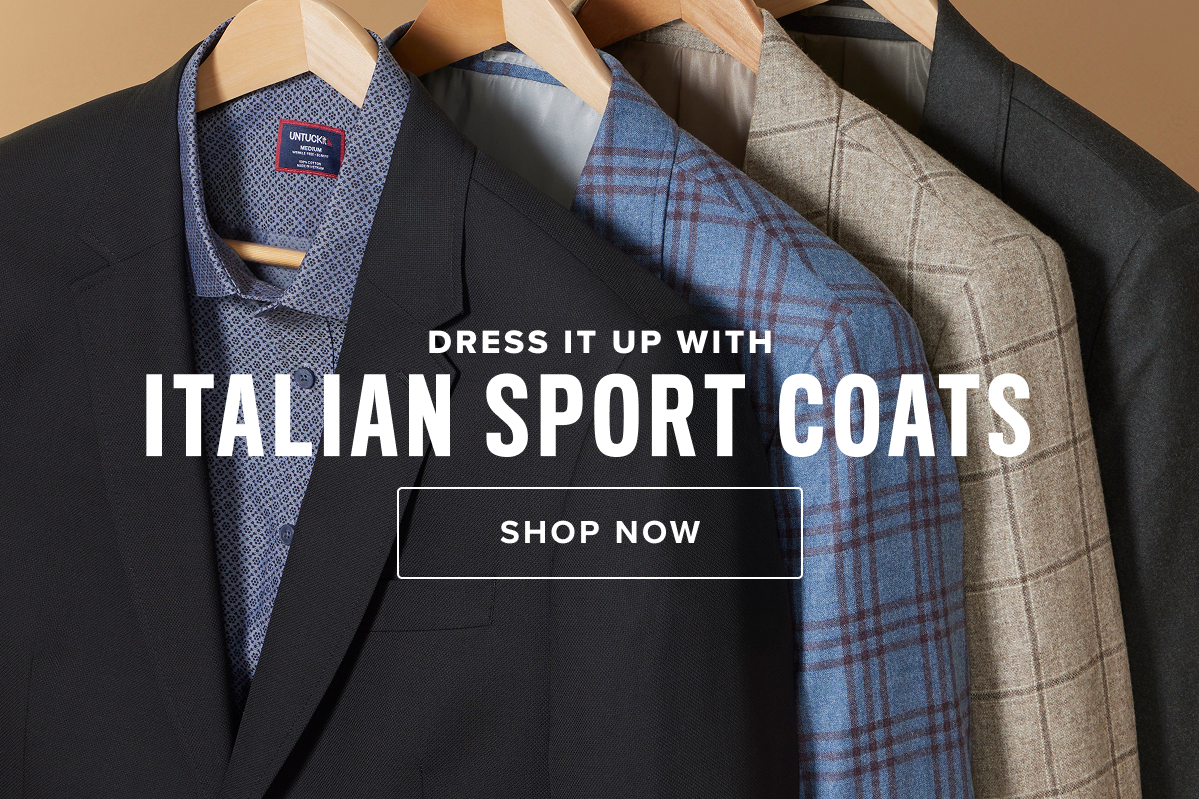 Elevate your wardrobe with UNTUCKit’s collection of men’s sport coats, designed to provide both style and practicality. Featuring a range of wrinkle-resistant options, these sport coats keep you looking sharp all day long—whether you’re heading to the office or out for a night on the town. Crafted with innovative, crease-fighting fabrics, these sport coats ensure you stay looking fresh without the hassle of constant ironing, making them perfect for the modern man on the go.  For those seeking luxury and craftsmanship, UNTUCKit’s Italian wool sport coats offer the perfect balance of sophistication and comfort. Made from high-quality wool sourced from Italy, these sport coats deliver a refined, classic look with a soft feel. Ideal for cooler weather or special occasions, the Italian wool adds a touch of elegance to your wardrobe, all while maintaining the perfect untucked fit for a relaxed yet polished appearance.  Whether you're pairing it with a Wrinkle-Free shirt for a seamless look or dressing it down with a tee and chinos for a more casual vibe, UNTUCKit’s sport coats offer versatile styling options that will elevate your everyday outfits. With options in both wrinkle-resistant and Italian wool fabrics, these sport coats bring together timeless design and modern functionality.  Shop UNTUCKit today to find the perfect sport coat that combines luxury, practicality, and the signature untucked fit you love.