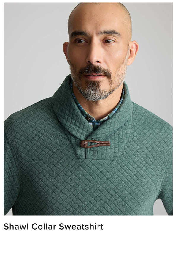 Add some extra warmth and style to your fall look with this sharp shawl collar sweatshirt. This cozy cotton-blend fabric with an irresistible quilted texture is the perfect way to block a brisk autumn breeze without overheating.  The relaxed shawl collar gives it an elevated, easy-to-wear look you can dress up or down. Layer it over your favorite untucked button-downs with our go-anywhere Traveler Tech Pants for a polished yet relaxed look this season.
