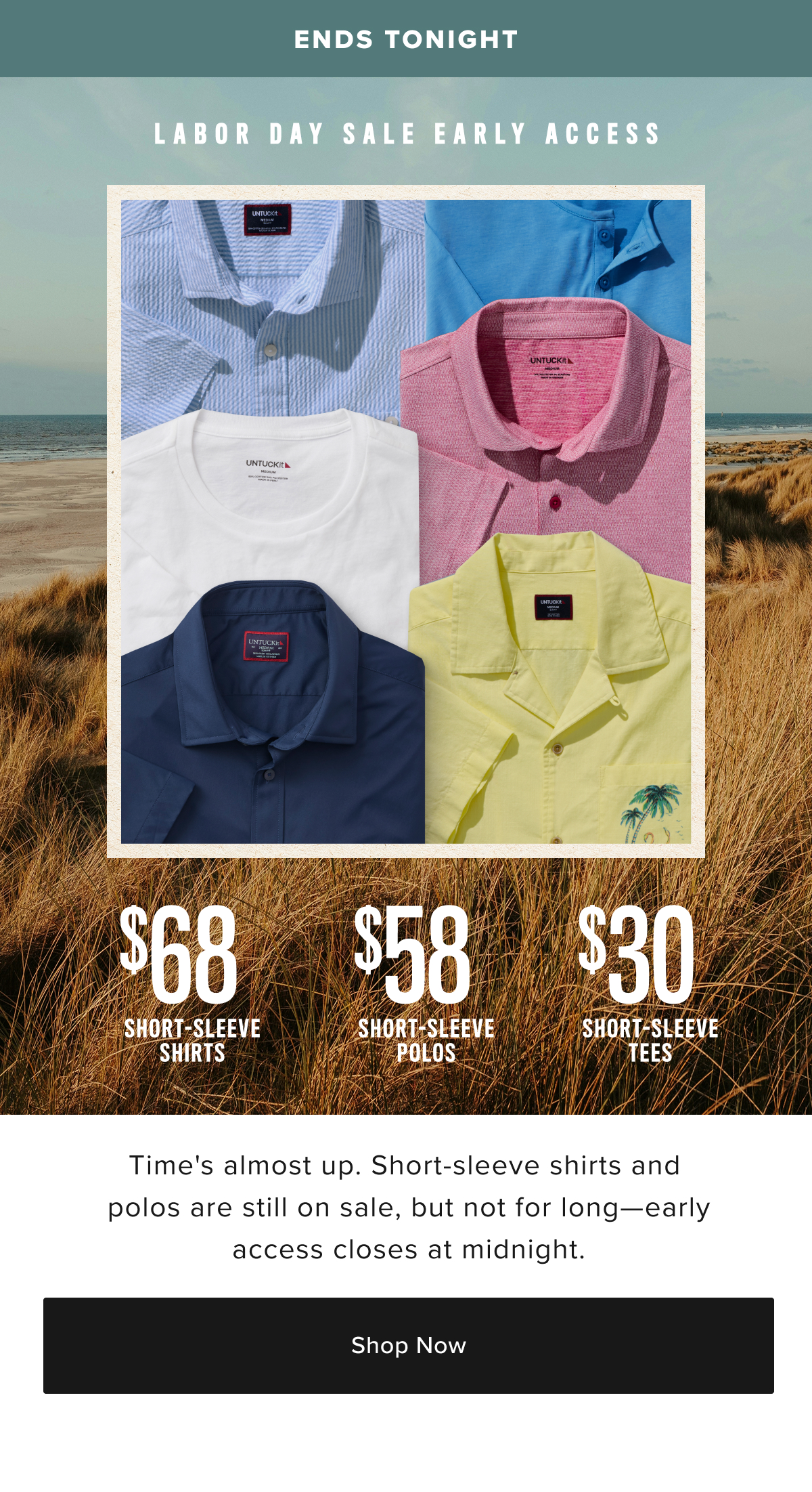 Labor Day Sale Early Access- Ends tonight. Image of a collection of UNTUCKit shirts. 