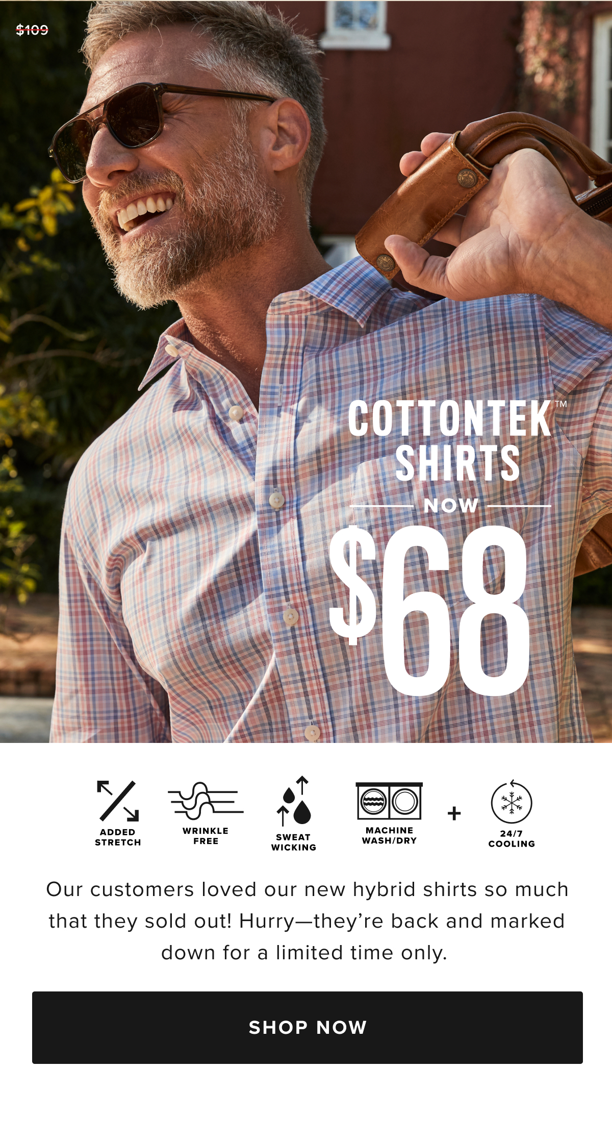 Finally, a shirt that combines the crisp feel of Wrinkle-Free cotton with the power of Performance. It’s the best of both worlds—breathable, stretchy, and sweat-wicking, all while keeping that polished look you love. Even better? It’s machine washable, so you can skip the dry cleaner. We designed this classic check pattern to easily pair with a sharp Italian sport coat or stand out on its own. And to top it off, we infused it with BRRR° micro-mineral cooling technology to keep you comfortable all day long. Now $68