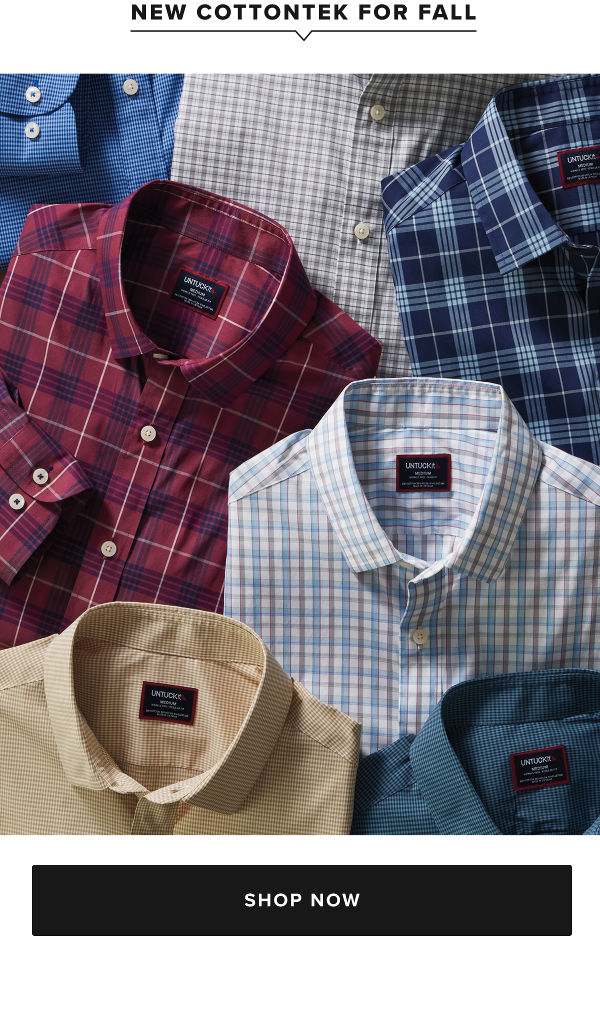 With the following properties: Wrinkle-Free, added stretch, sweat-wicking, machine wash/dry, and 24/7 cooling