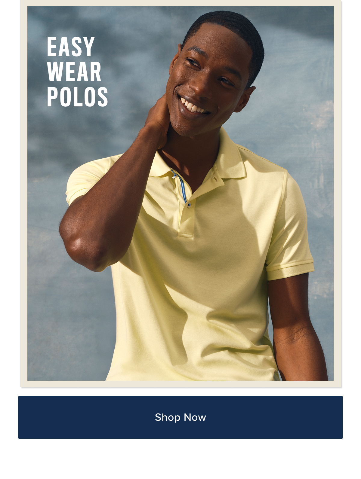 Model is wearing UNTUCKit wrinkle-free polo in yellow. 