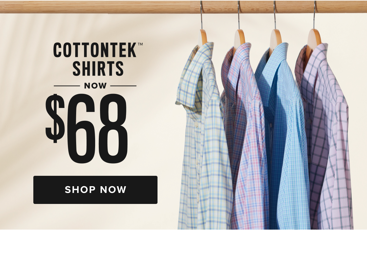 Finally, a shirt that combines the crisp feel of Wrinkle-Free cotton with the power of Performance. It’s the best of both worlds—breathable, stretchy, and sweat-wicking, all while keeping that polished look you love. Even better? It’s machine washable, so you can skip the dry cleaner. We designed this classic windowpane pattern to easily pair with a sharp Italian sport coat or stand out on its own. And to top it off, we infused it with BRRR° micro-mineral cooling technology to keep you comfortable all day long. Cottontek shirts now $68