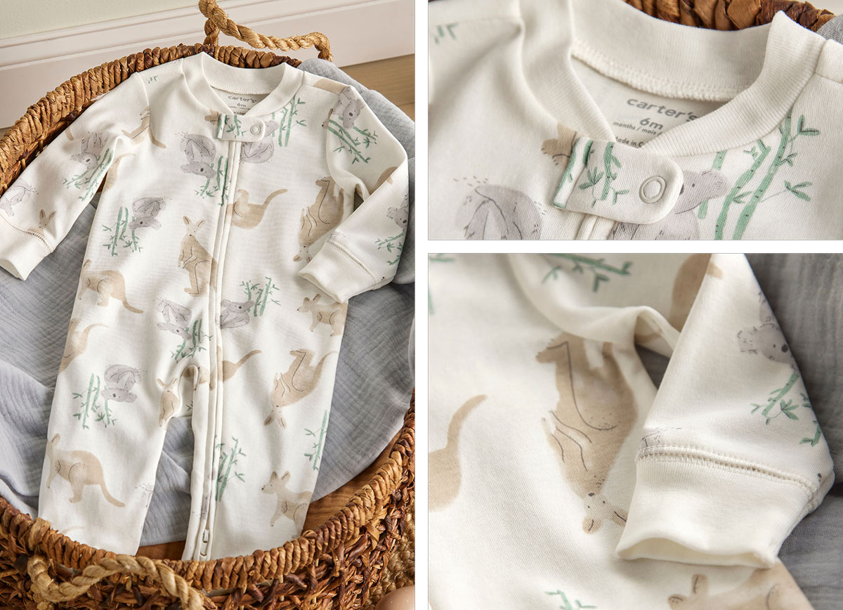 The one-piece parents love & babies live in – with a cuddle tab to protect little chins, 2-way zip & foldover footies.