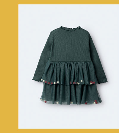 Green Toddler Girl Tree Pom Pom Long Sleeve Tutu Dress