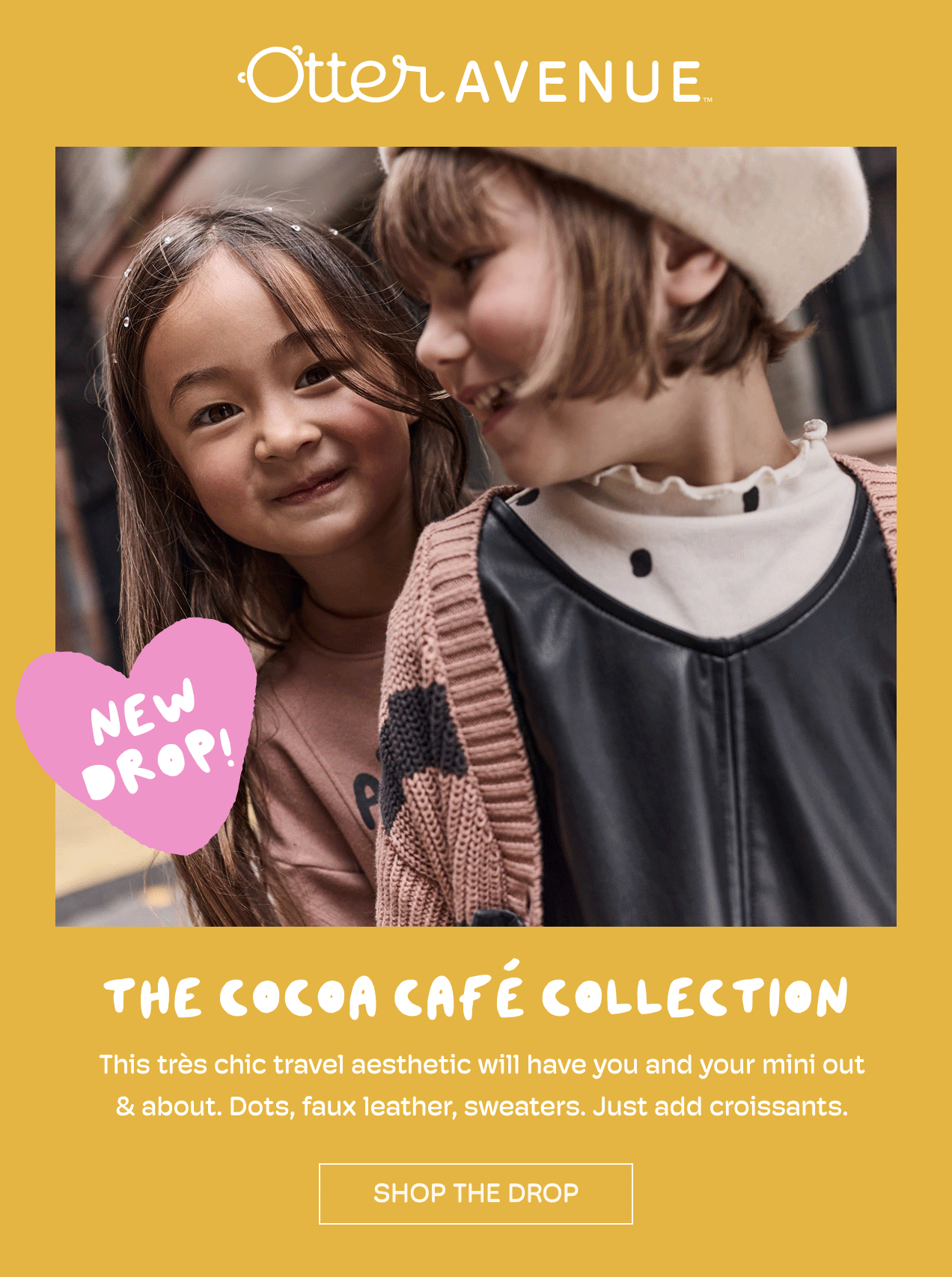 Otter Avenue | The cocoa cafe collection | this tres chic traves aesthetic will have you and your mini out & about. Dots, faux leathe, sweaters.  Just add croissants. | shop the drop