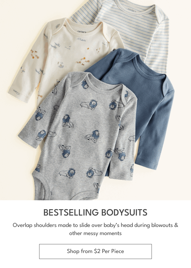 Bestelling Bodysuits | Overlap shoulders made to slide over baby’s head during blowouts & other messy moments | Shop from $2 Per Piece