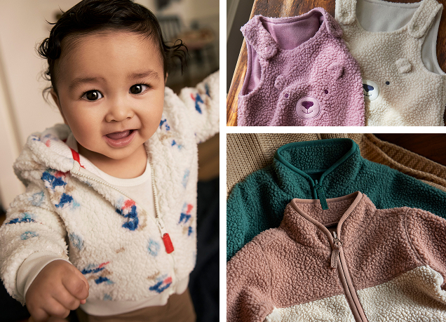   Winter's softest layer? Teddy fleece in every form – from head-to-toe jumpsuits to light jackets and vests.
