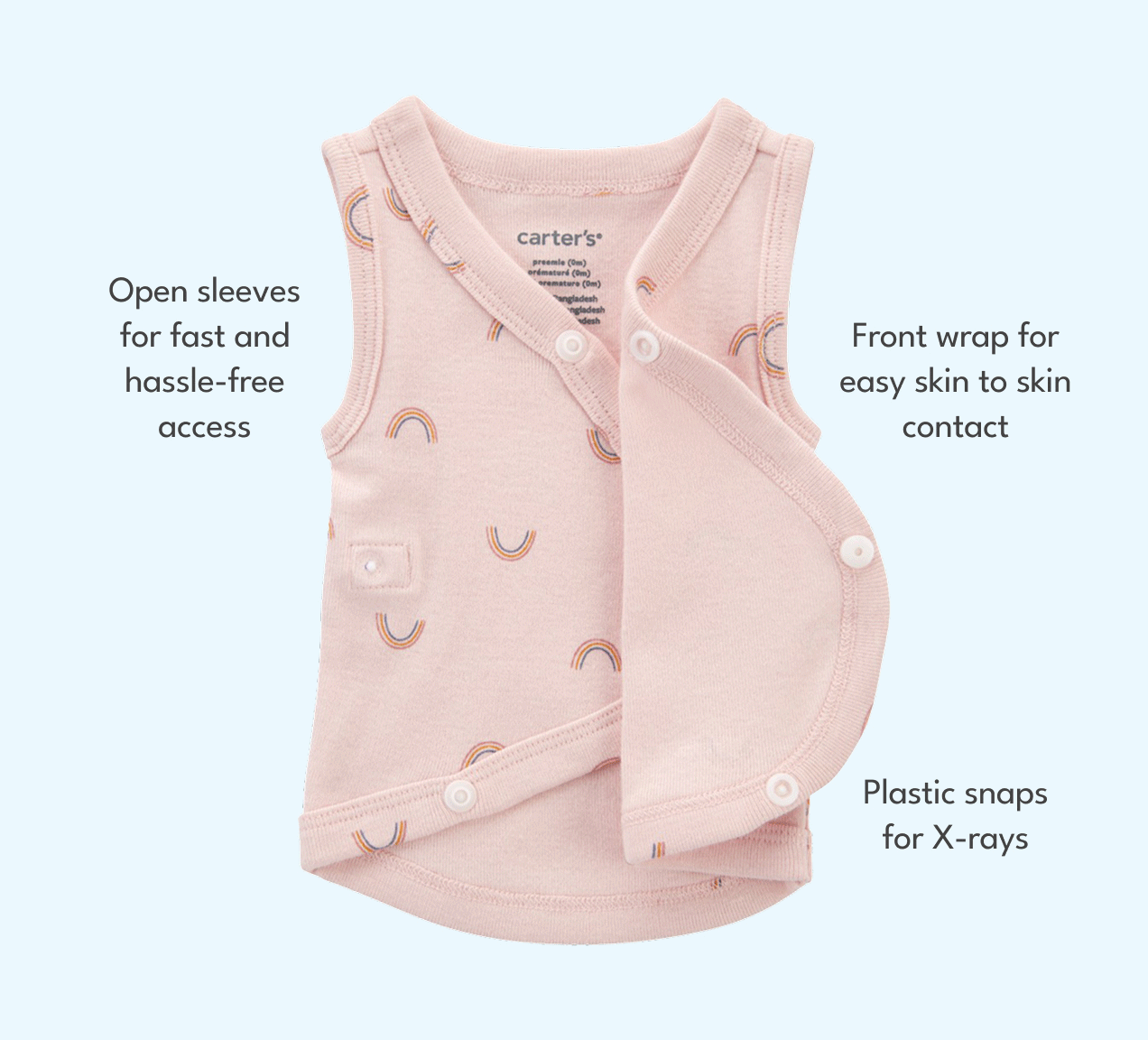 Open sleeves for fast and hassle-free access | Front wrap for easy skin to skin contact | Plastic snaps for X-rays