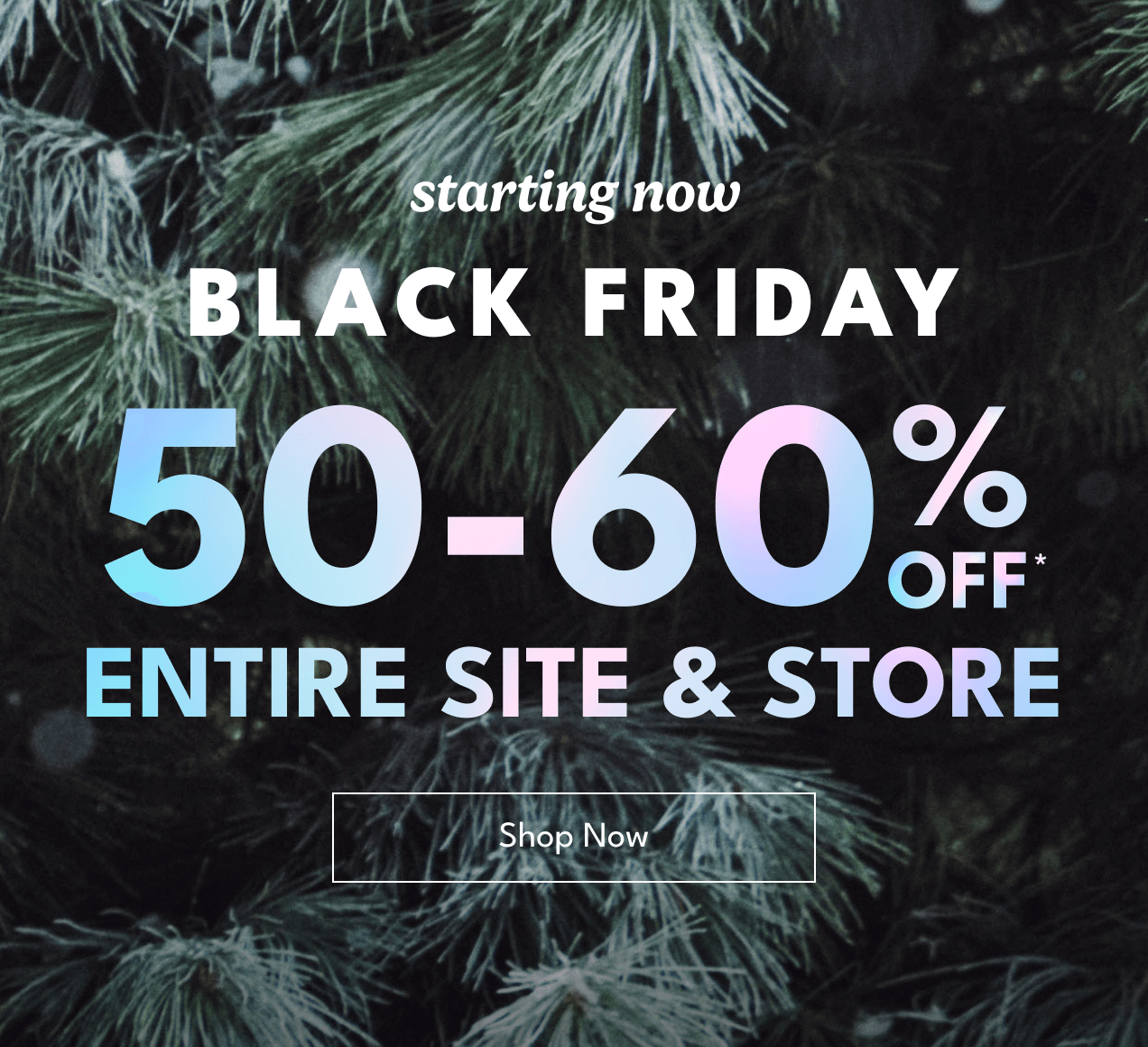 starting now | black friday | 50-60% off* entire site & store | shop now 