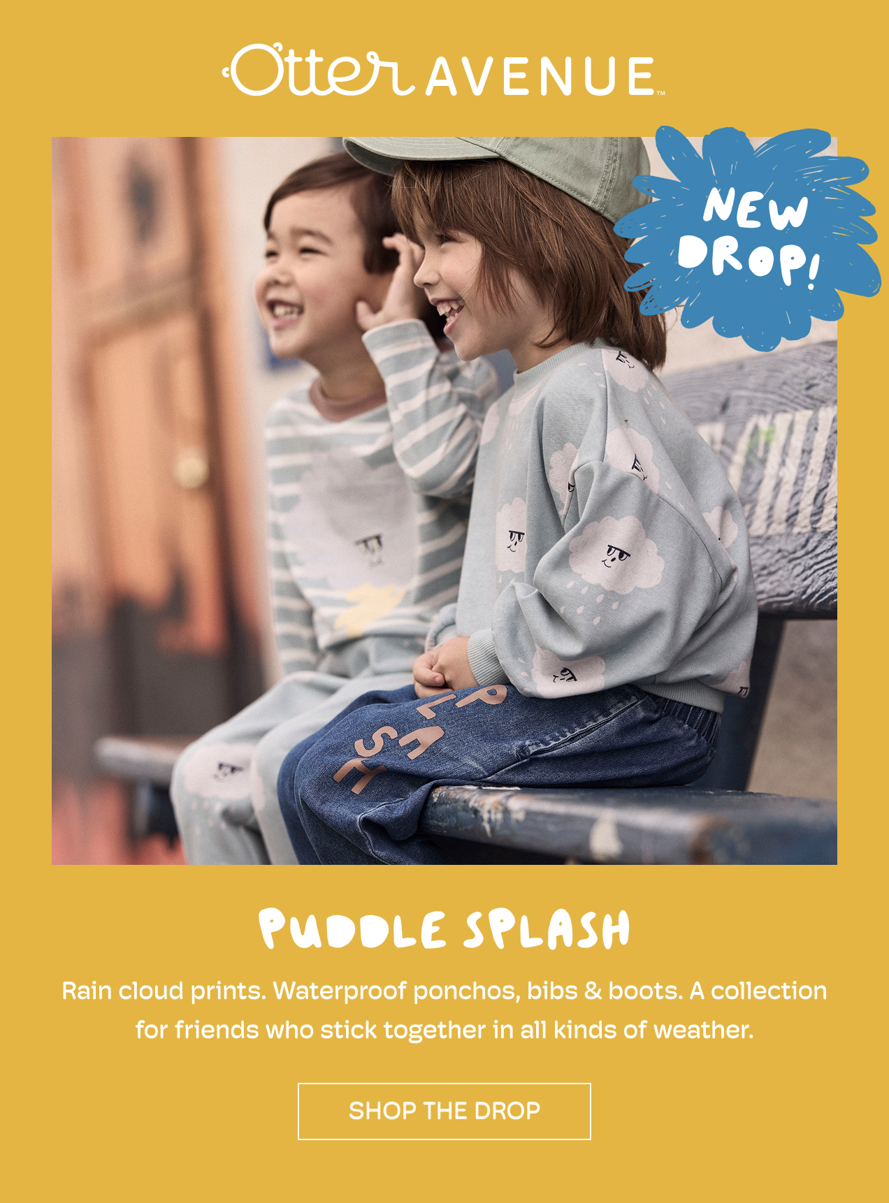 Otter Avenue | New Drop! | Puddle Splash | Rain cloud prints. Waterproof ponchos, bibs & boots. A collection for friends who stick together in all kinds of weather. | Shop the Drop