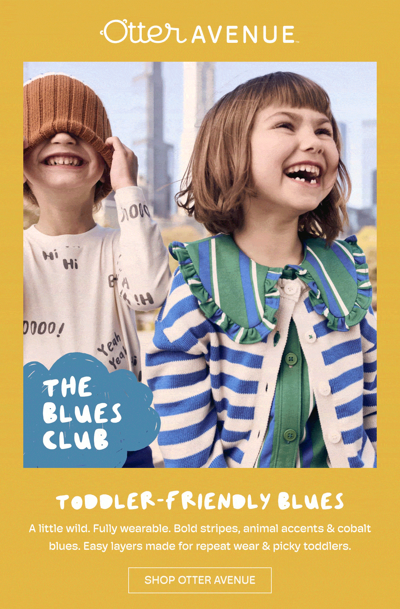 TODDLER-FRIENDLY BLUES | A little wild. Fully wearable. Bold stripes, animal accents & cobalt blues. Easy layers made for repeat wear & picky toddlers. | SHOP OTTER AVENUE