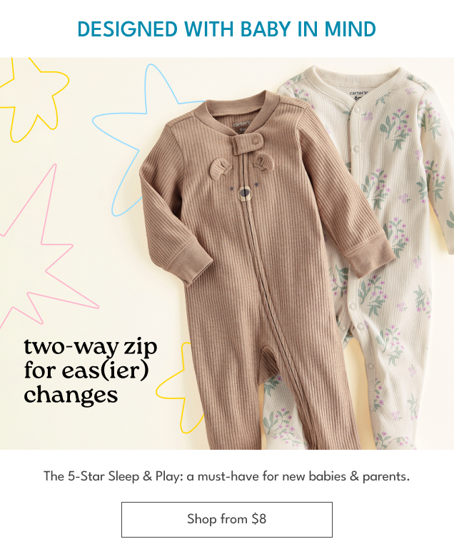DESIGNED WITH BABY IN MIND | two-way zip for eas(ier) changes | The 5-Star Sleep & Play: a must-have for new babies & parents. | Shop from $8