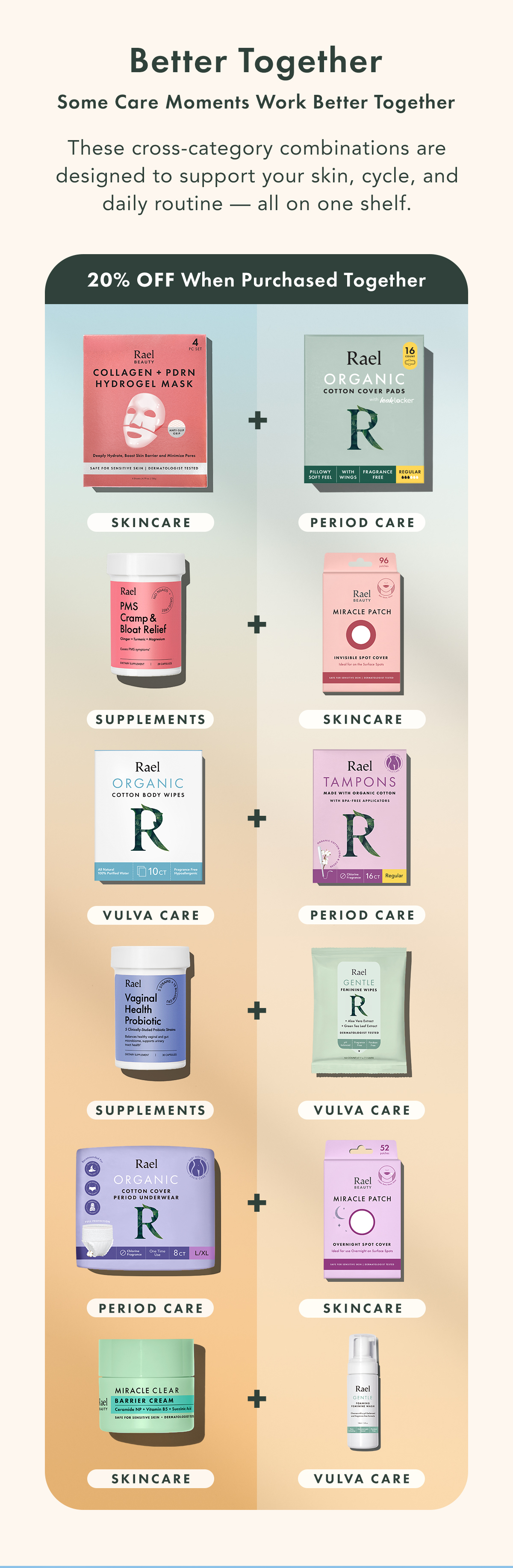 Better Together. Some care moments work better together. These cross-category combinations are designed to support your skin, cycle, and daily routine — all on one shelf.. 20% off when purchased together. Shop Now.