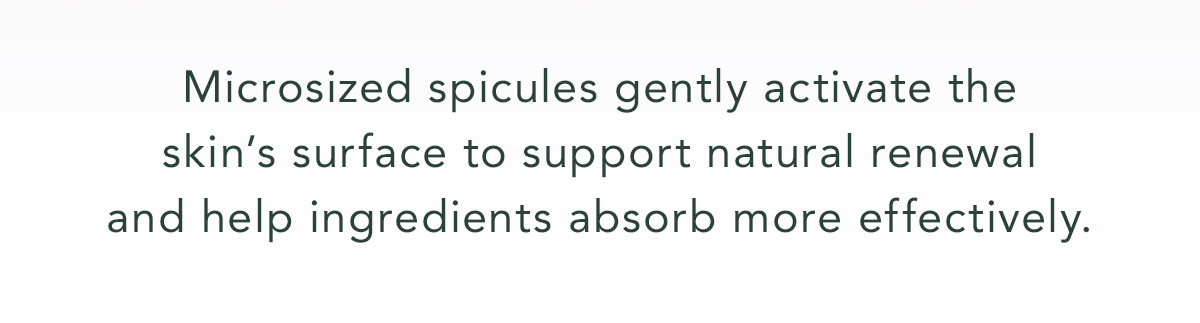 Microsized spicules gently activate the skin’s surface to support natural renewal and help ingredients absorb more effectively.