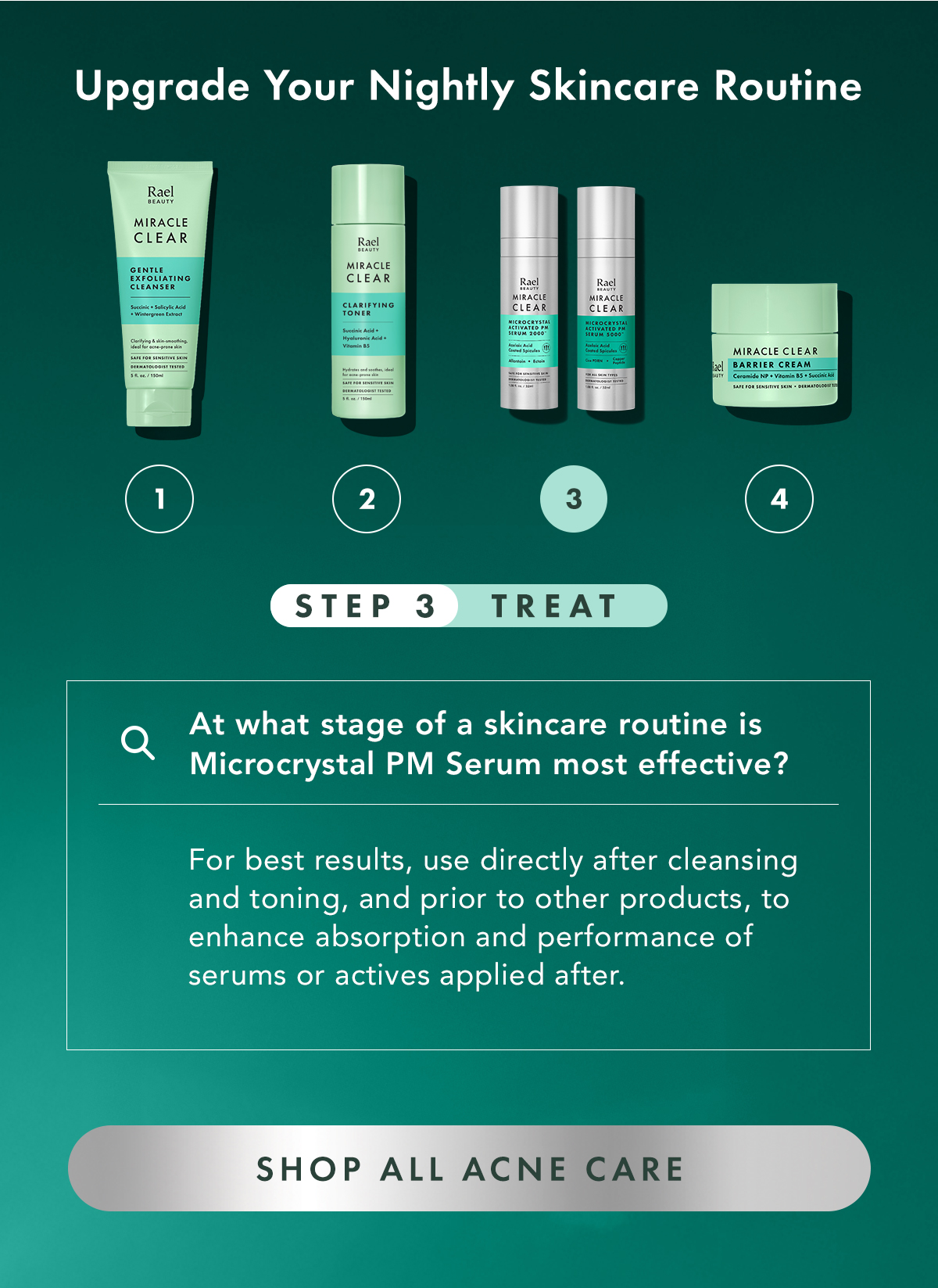 Upgrade Your Nightly Skincare Routine. Step 3: treat. At what stage of a skincare routine is Microcrystal PM Serum most effective? For best results, use directly after cleansing and toning, and prior to other products, to enhance absorption and  performance of serums or actives applied after.  Shop All Acne Care. Upgrade Your Nightly Skincare Routine. Step 3: treat. At what stage of a skincare routine is Microcrystal PM Serum most effective? For best results, use directly after cleansing and toning, and prior to other products, to enhance absorption and  performance of serums or actives applied after.  Shop All Acne Care.