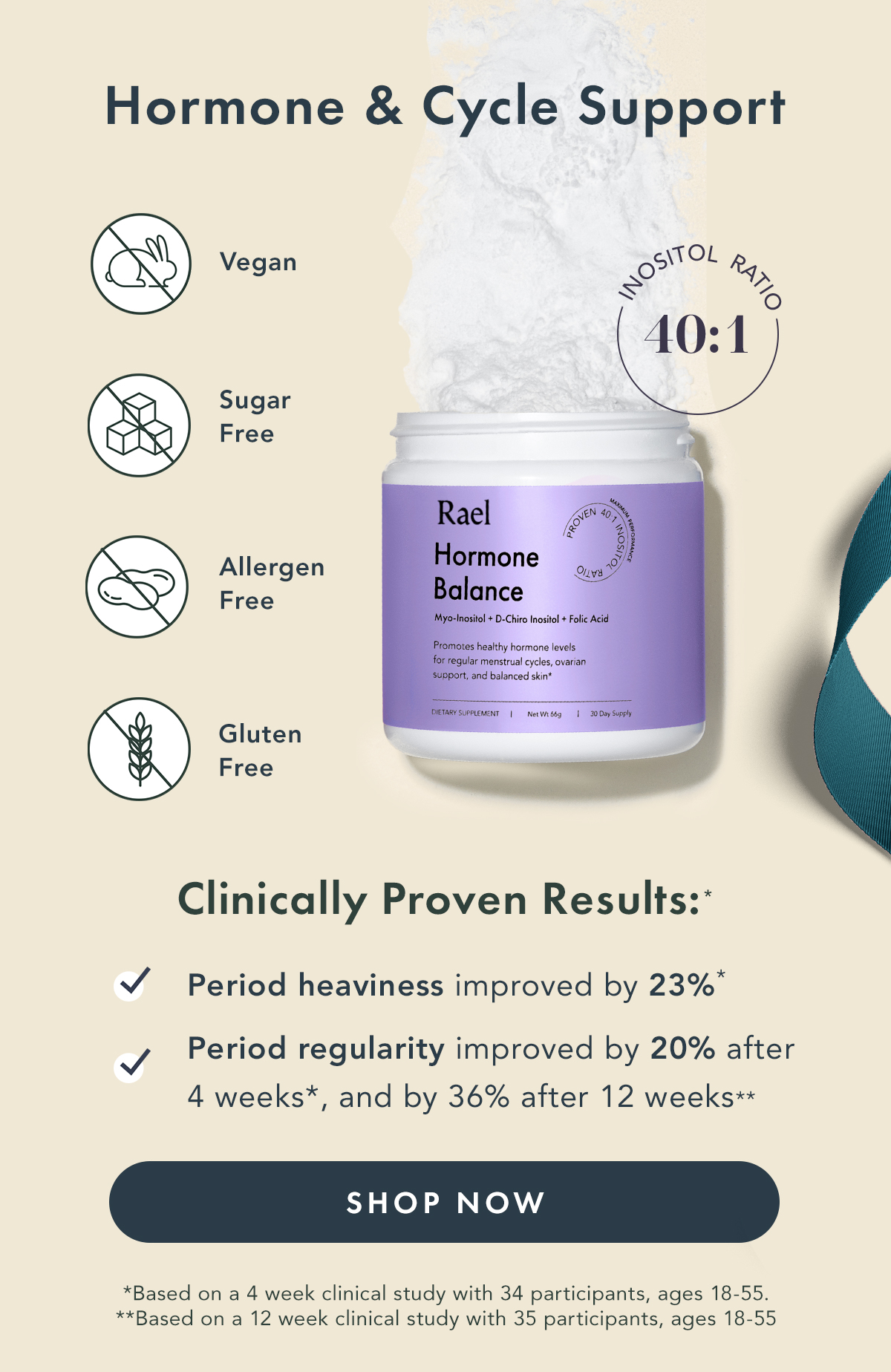 Hormone & Cycle Support. Clinically-Proven Results: Period heaviness improved by 23%.* Period regularity improved by 20% after 4 weeks*, and by 36% after 12 weeks. ** Based on a 4 week clinical study with 34 participants, ages 18-55. **Based on a 12 week clinical study with 35 participants, ages 18-55. Hormone & Cycle Support. Clinically-Proven Results: Period heaviness improved by 23%.* Period regularity improved by 20% after 4 weeks*, and by 36% after 12 weeks. ** Based on a 4 week clinical study with 34 participants, ages 18-55. **Based on a 12 week clinical study with 35 participants, ages 18-55.