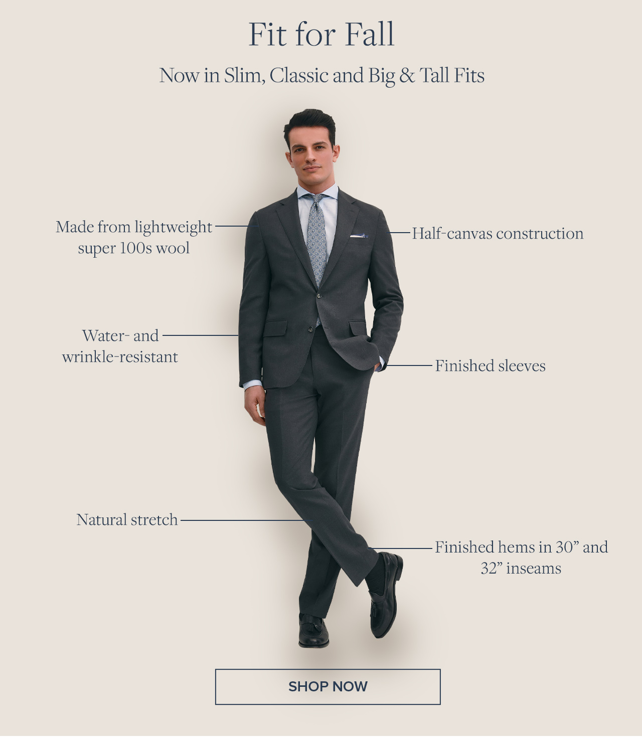 Fit for Fall | Now in Slim, Classic and Big & Tall Fits | Made from lightweight super 100s wool | Half-canvas construction | Water and wrinkle-resistant | Finished sleeves | Natural stretch | Finished hems in 30 Fit for Fall | Now in Slim, Classic and Big & Tall Fits | Made from lightweight super 100s wool | Half-canvas construction | Water and wrinkle-resistant | Finished sleeves | Natural stretch | Finished hems in 30