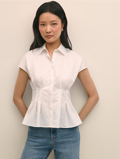 Shop Supima® Cotton Sateen Pleated Peplum Shirt