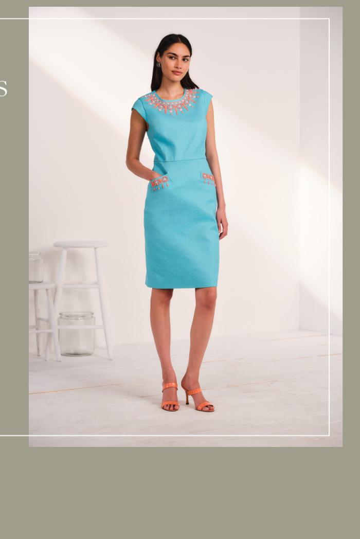 Female Model in bright blue dress