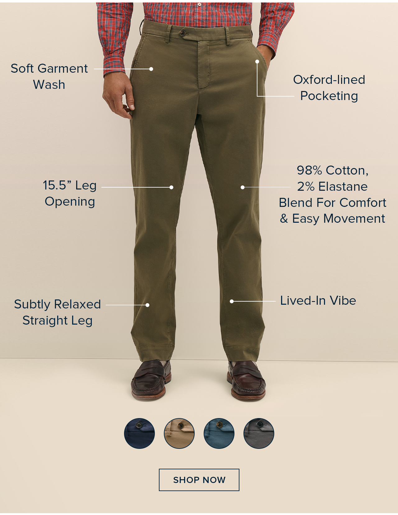 The Friday Chino has a soft garment wash, 15.5 inch leg opening, subtly relaxed straight leg, oxford-lined pocketing, and a lived-in vibe