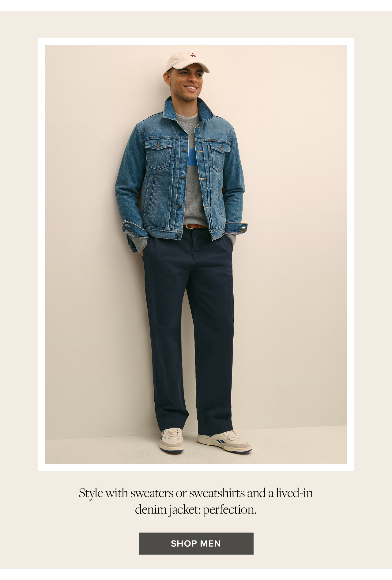 Style with sweaters or sweatshirts and a lived-in denim jacket: perfection. Shop mens apparel. 