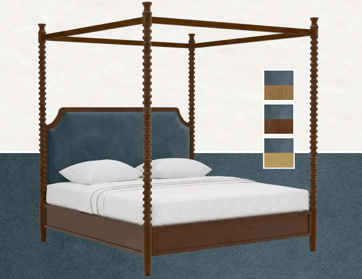 Theodora Blue Velvet Performance Brown Wood Canopy Spindle Bed - King