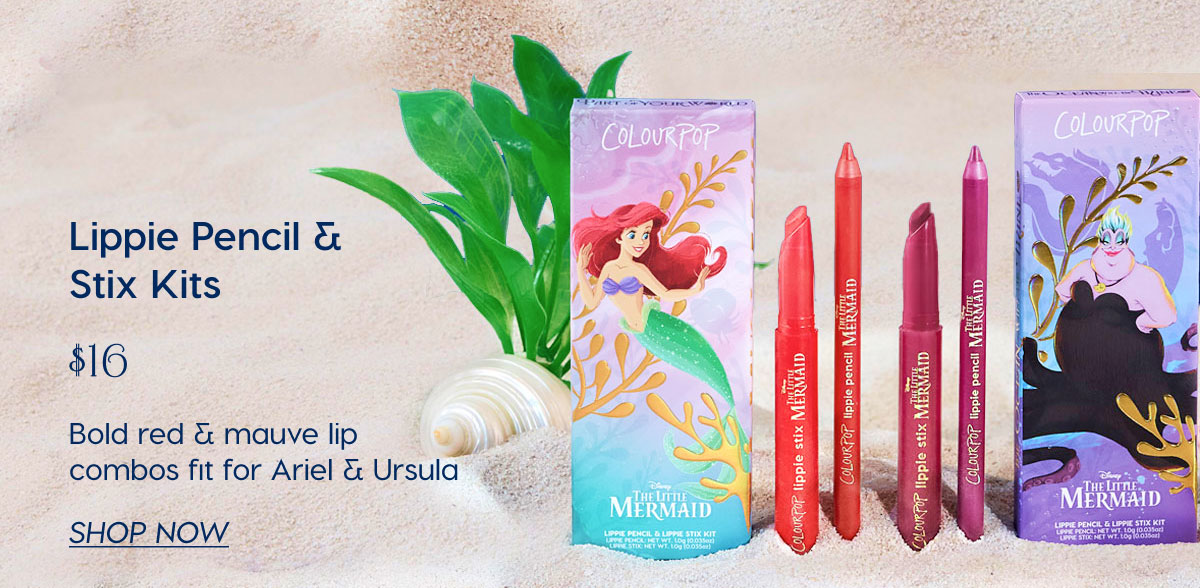 Lippie Pencil & Stix Kits $16. Bold red & mauve lip combos fit for Ariel and Ursula. SHOP NOW