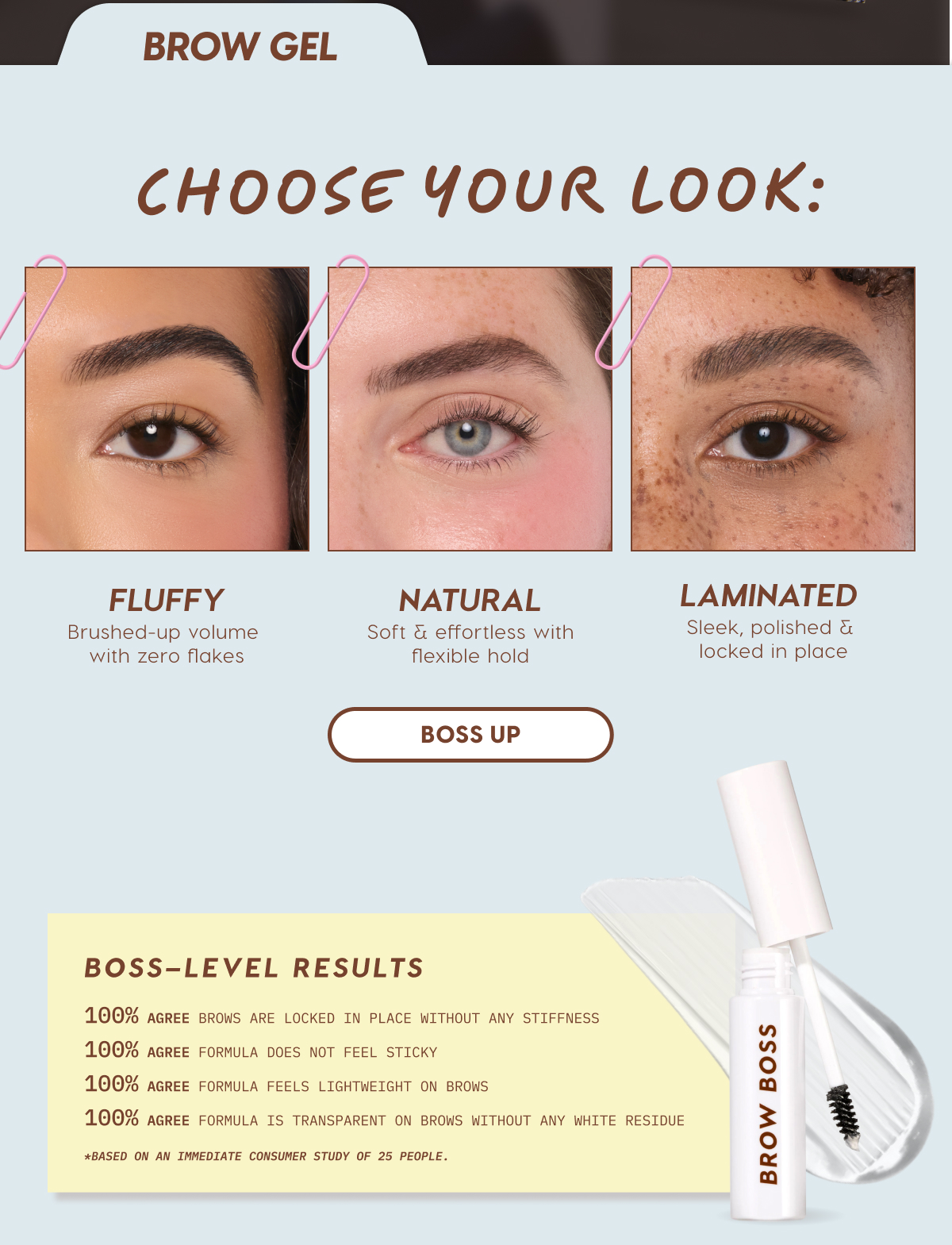 Brow Gel | Choose Your Look: Fluffy - Brushed-up volume with zero flakes. Natural - Soft & effortless with flexible hold. Laminated - Sleek, polished & locked in place.