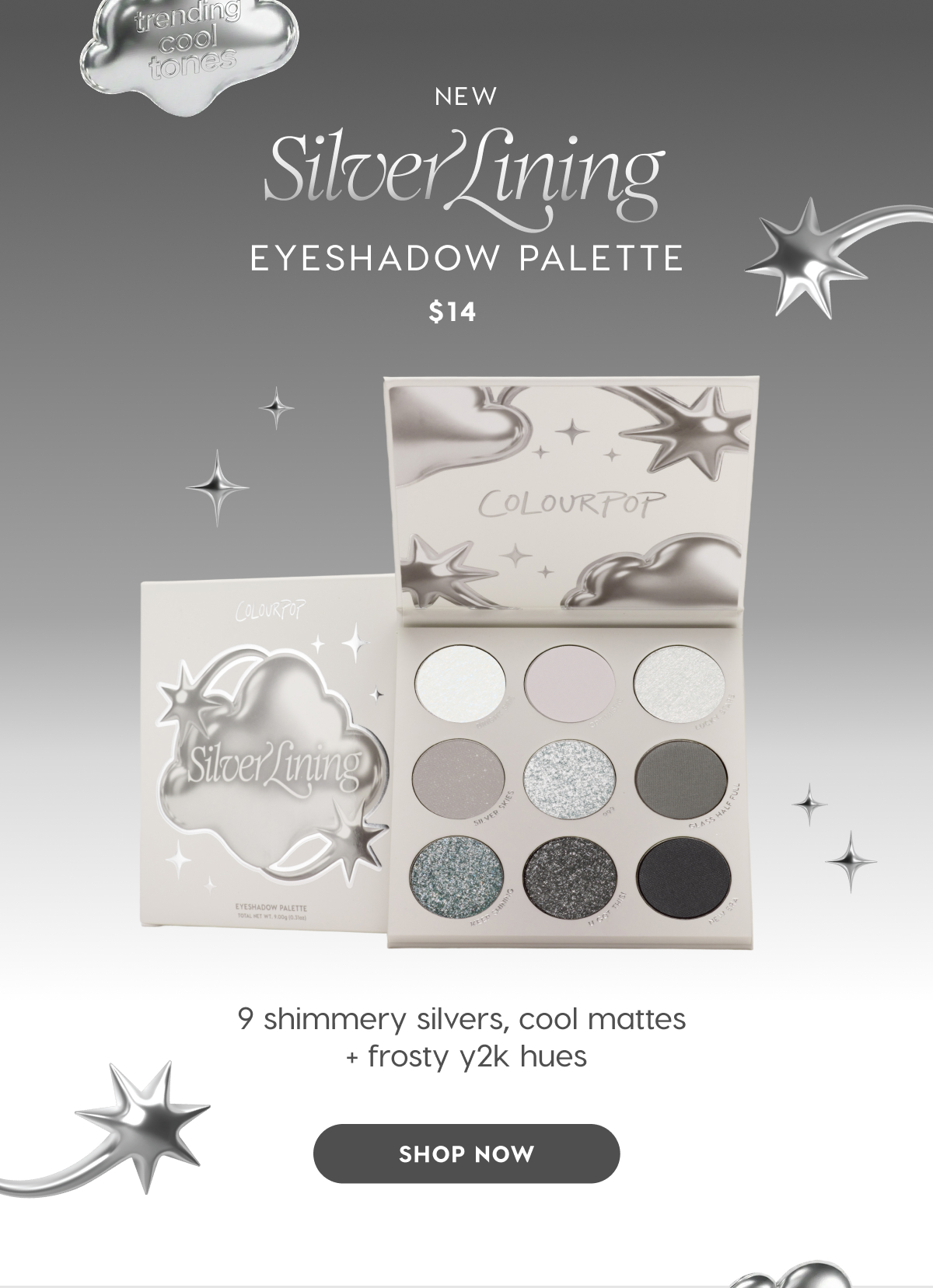 NEW Silver Lining Eyeshadow Palette $14. 9 shimmery silvers, cool mattes + frosty y2k hues. SHOP NOW