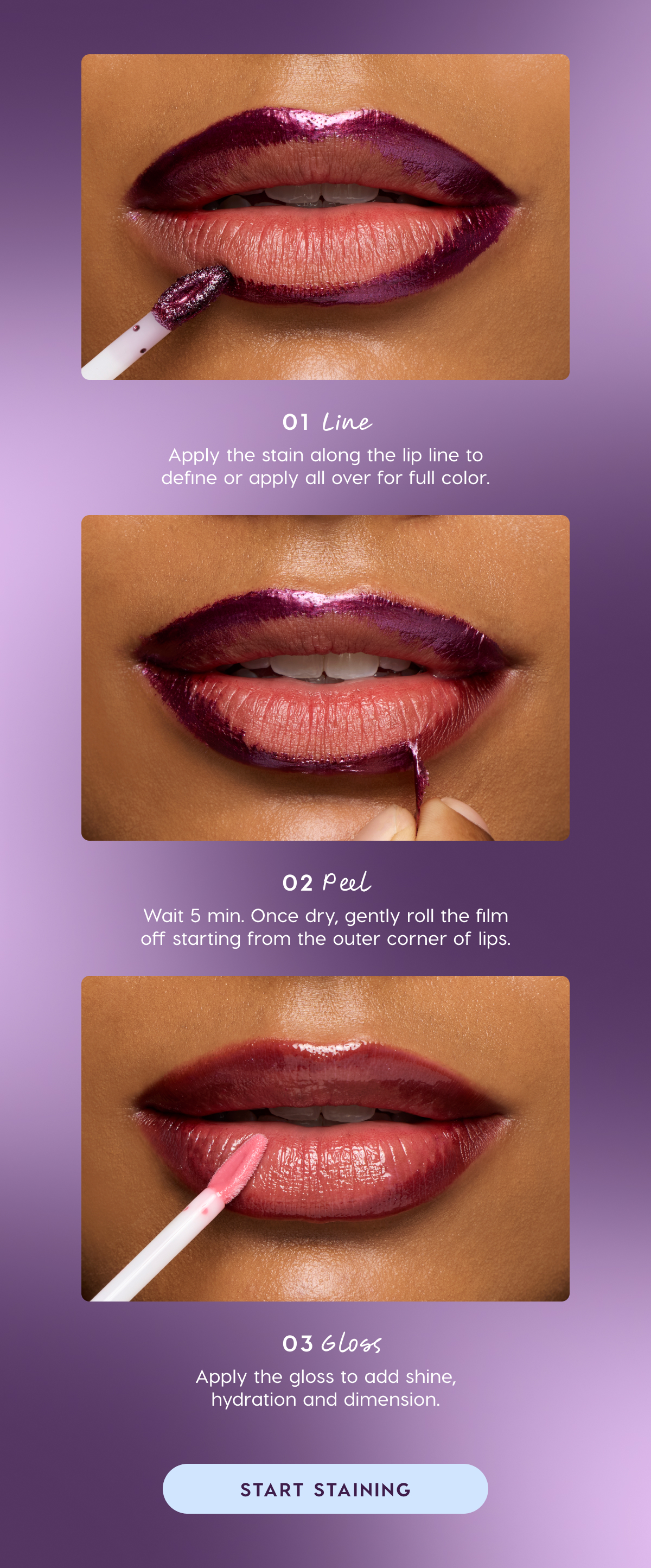 Line. Peel. Gloss. Start Staining
