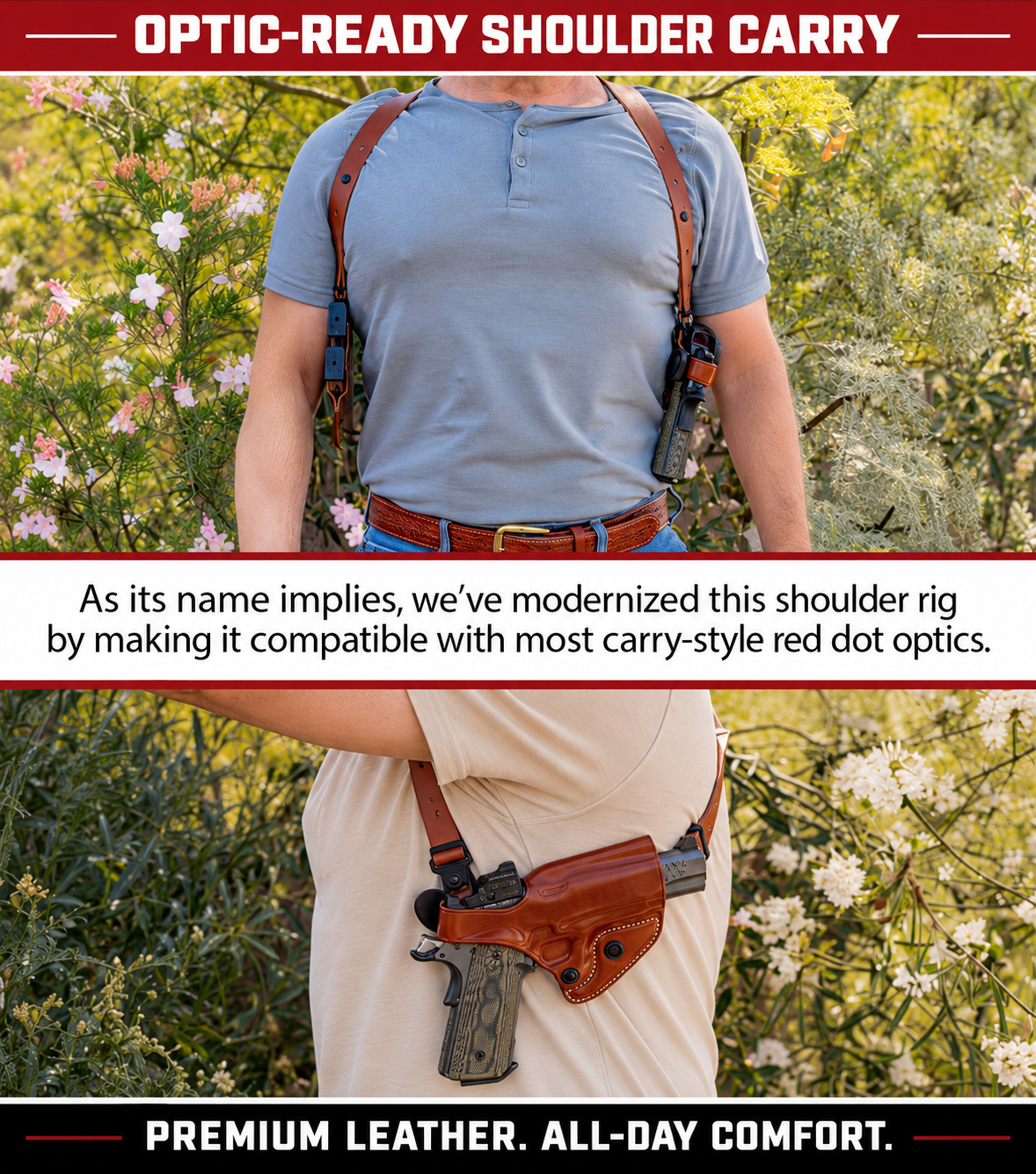 Optic-ready shoulder carry. Compatible with most carry-style red dot optics. Premium leather and all-day comfort. 1911 fit shown.