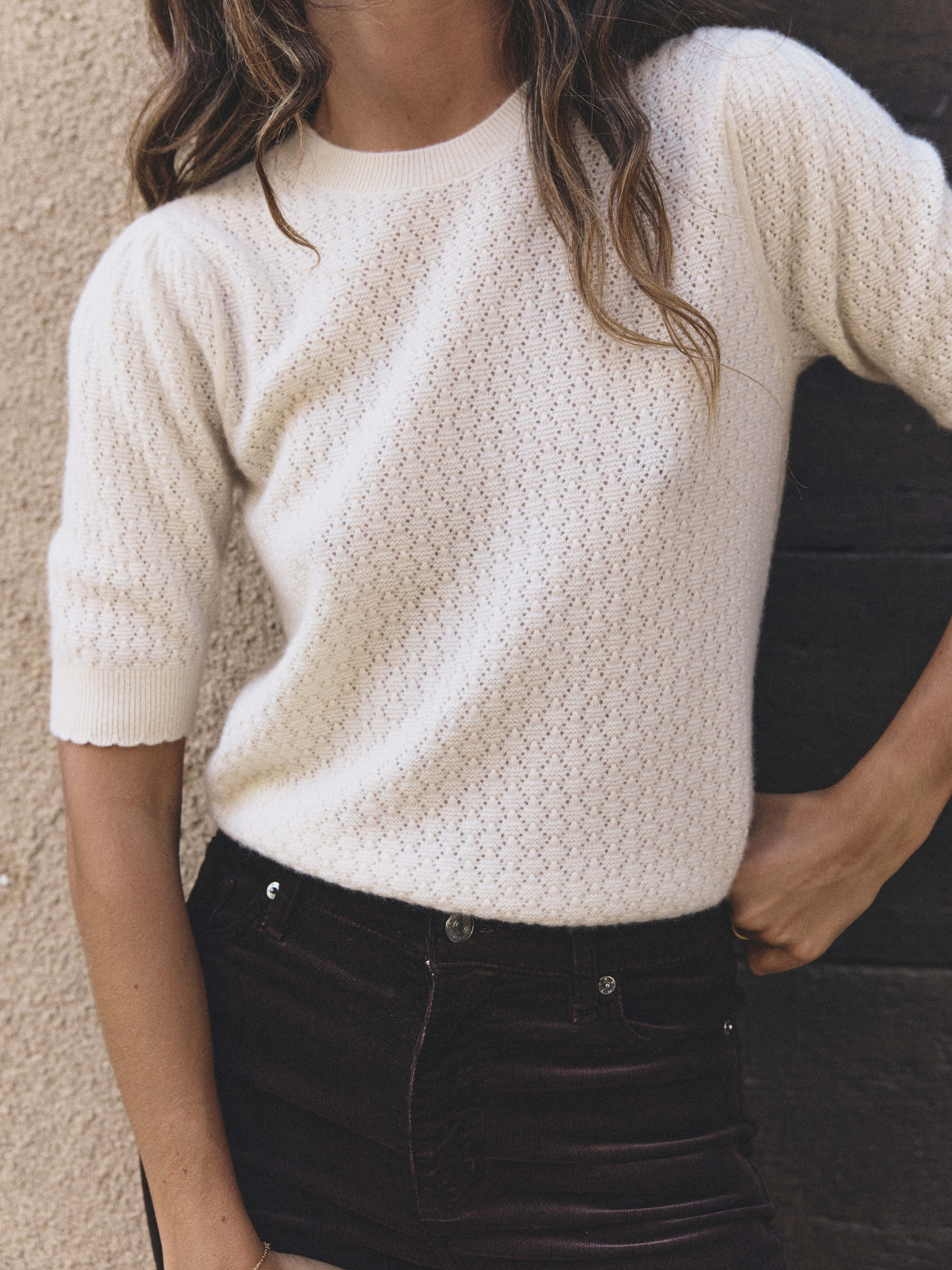 THE GATHERED HONEYCOMB SWEATER IN CREAM