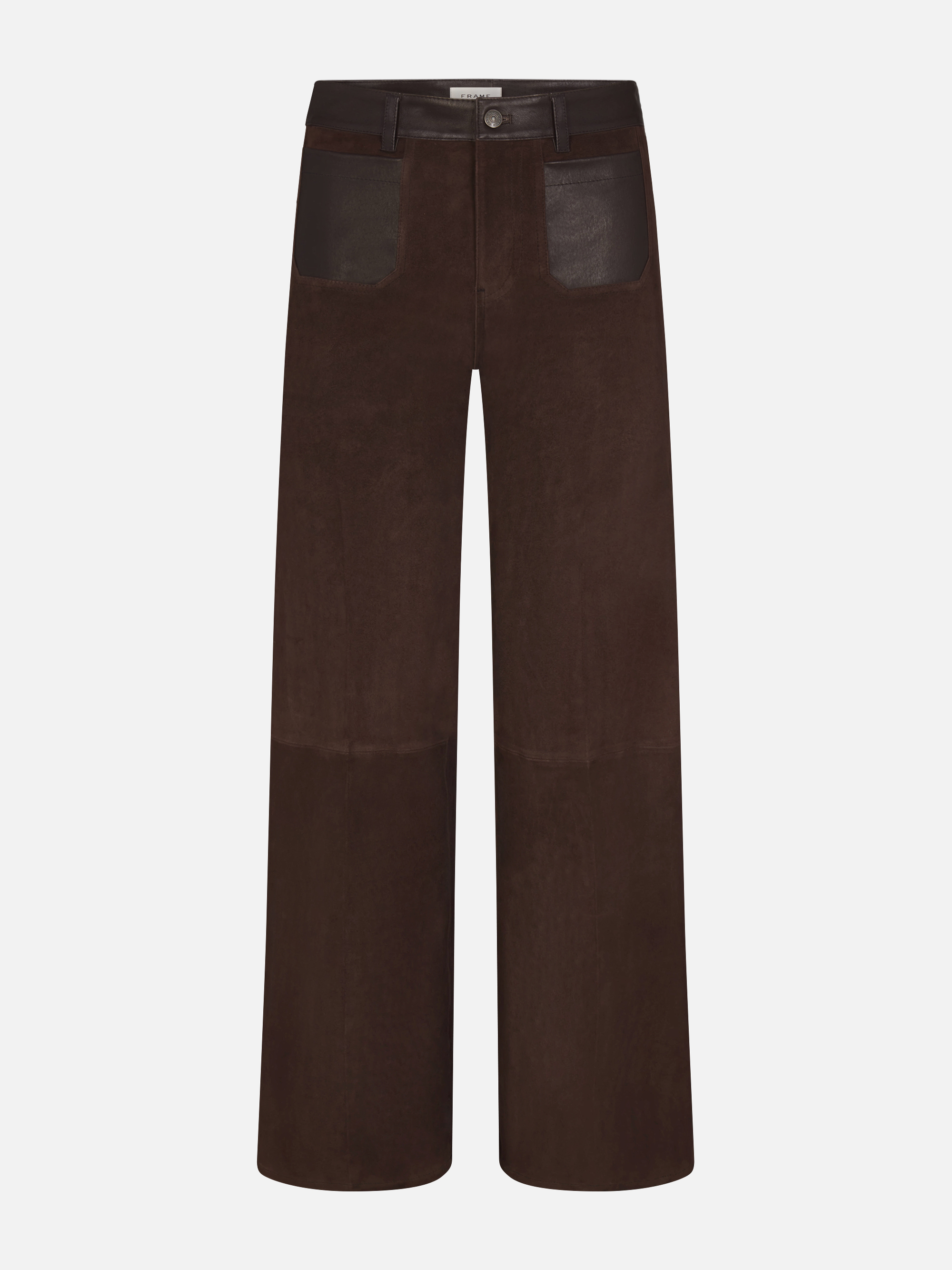 THE SUEDE AND LEATHER SLIM PALAZZO MODERNIST POCKET IN DARK BROWN